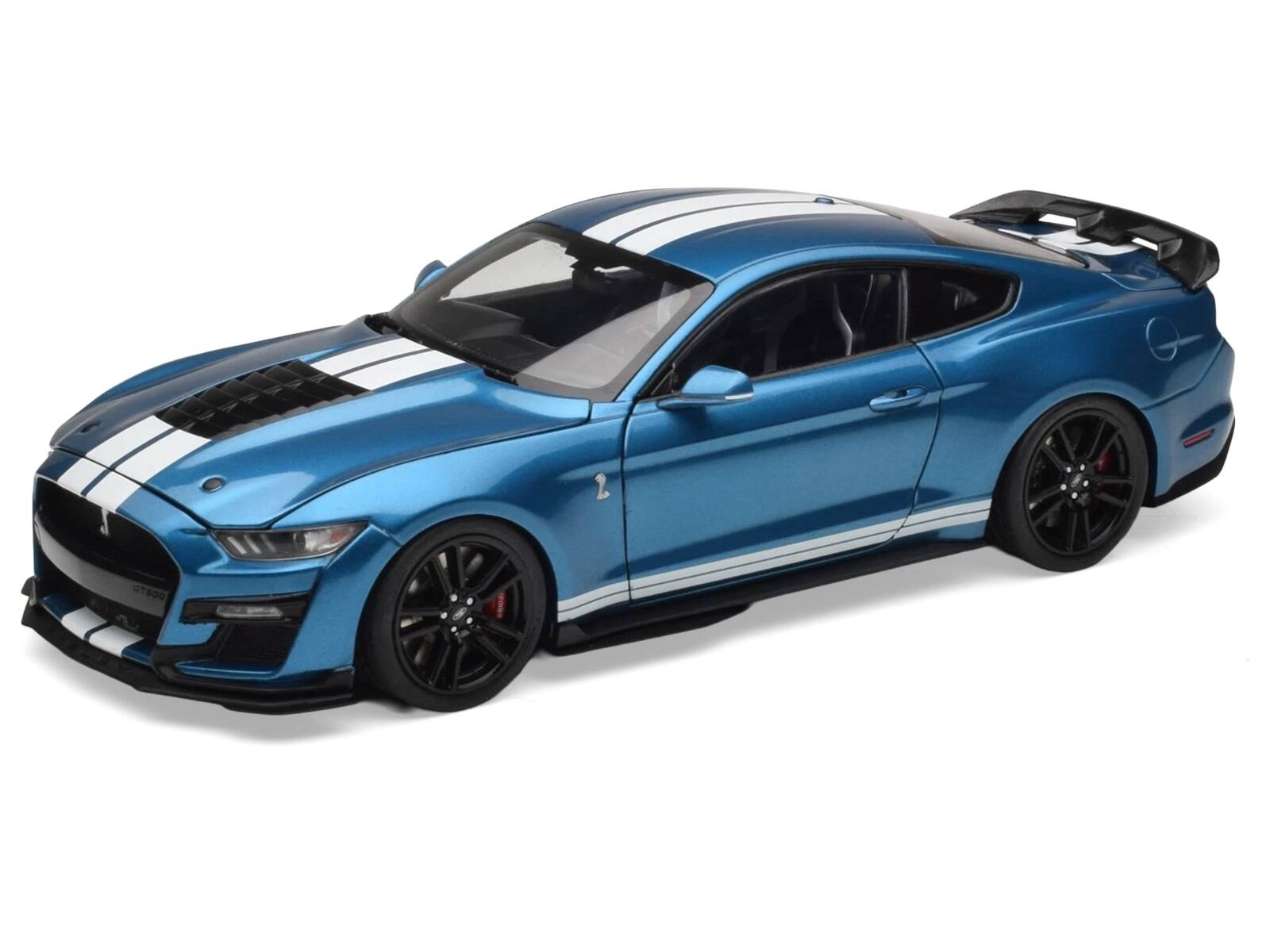 Alt View 1. IXO - 2022 Ford Mustang Shelby GT500 Blue Metallic with White Stripes 1/18 Diecast Model Car by IXO Models.