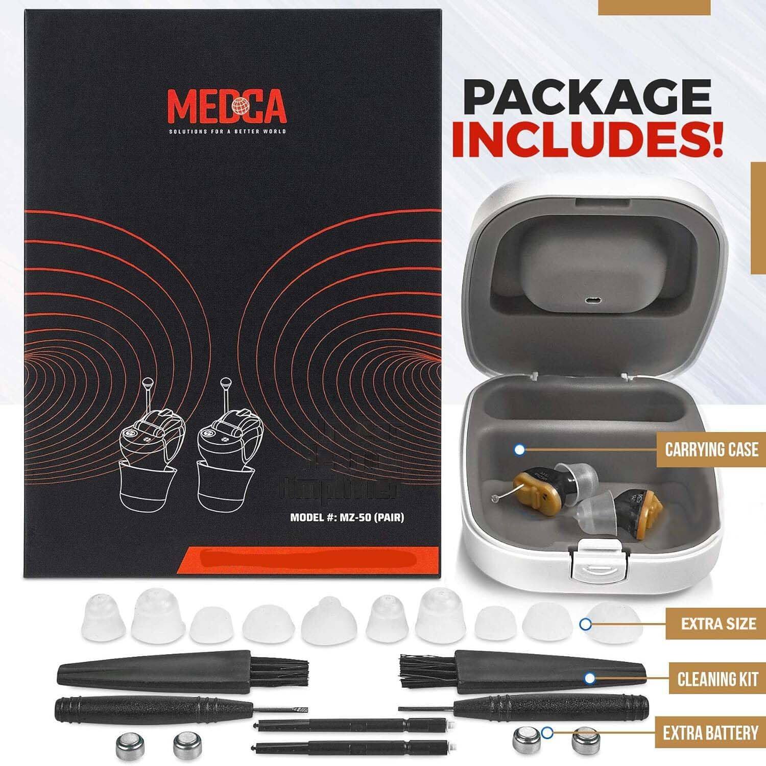 MEDCA  
SOLUTIONS FOR A BETTER WORLD  

MODEL #: MZ-50 (PAIR)  

PACKAGE INCLUDES!  

- CARRYING CASE  
- EXTRA SIZE  
- CLEANING KIT  
- EXTRA BATTERY