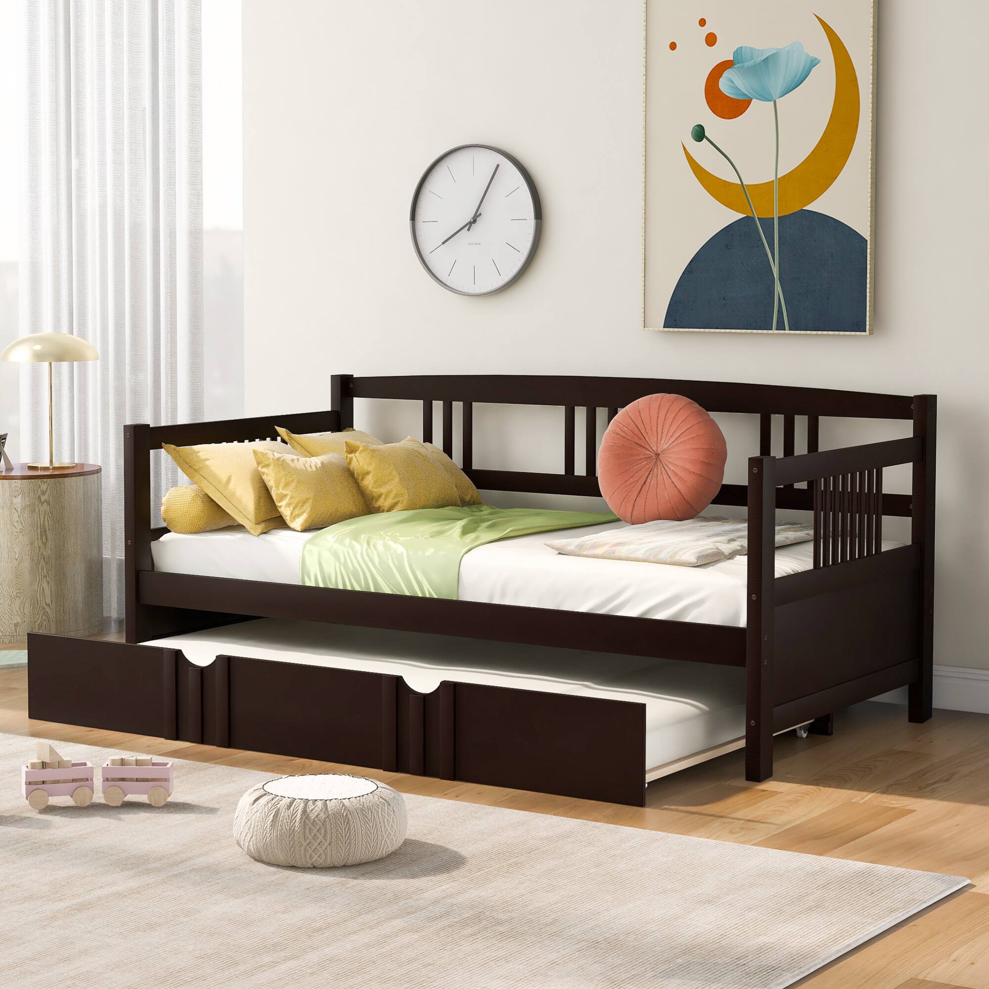 Back. GOODSILO - Twin Size Daybed with Trundle - Solid Wood Frame for Versatile Living Space Solutions - Espresso.