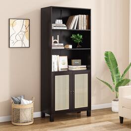 HTUTWOO - 5-Tier Tall Bookcase with Rattan Doors, Large Wooden Storage Bookshelf, Stylish Sturdy Organizer for Living Room Bedroom - Dark Brown