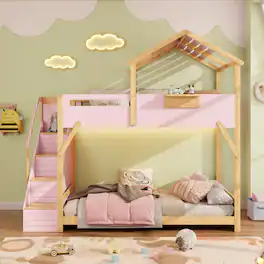 Anysun - Twin over Twin House Bunk Bed with Stairs and 3-Color LED Lights - Pink