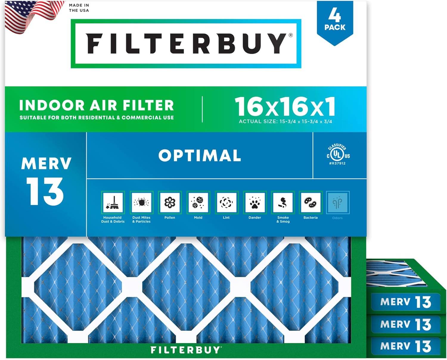 Filterbuy - 16x16x1 MERV 13 Smoke & Allergy Defense, Electrostatic Pleated HVAC AC Furnace Air Filters Replacement (4-Pack) - Blue
