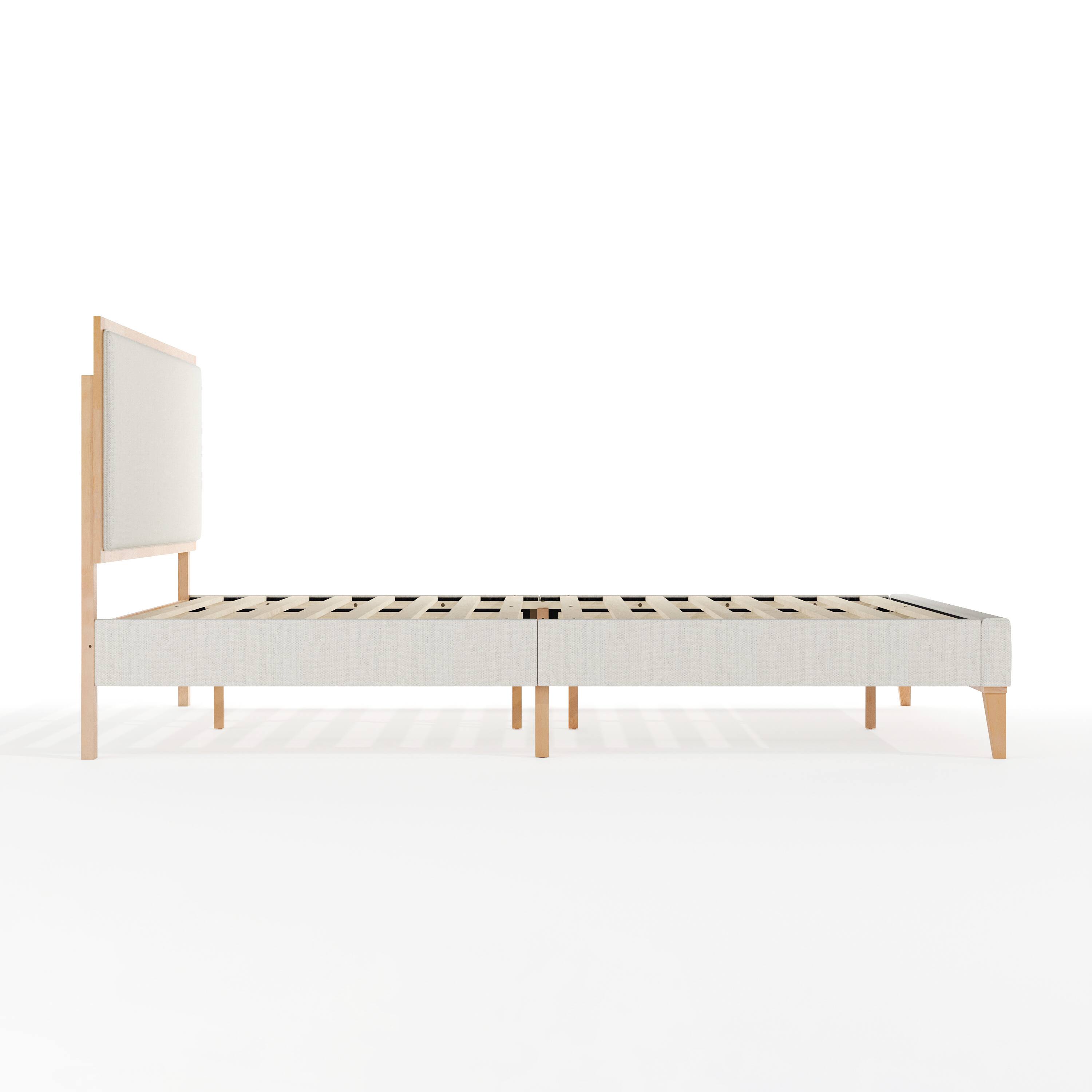 Alt View 8. Martha Stewart - Flynn Solid Wood Platform Bed with Upholstered Base and Inset Headboard, Wood Slat Bottom, No Box Spring Needed - Snow Fabric/Light Beech Frame.