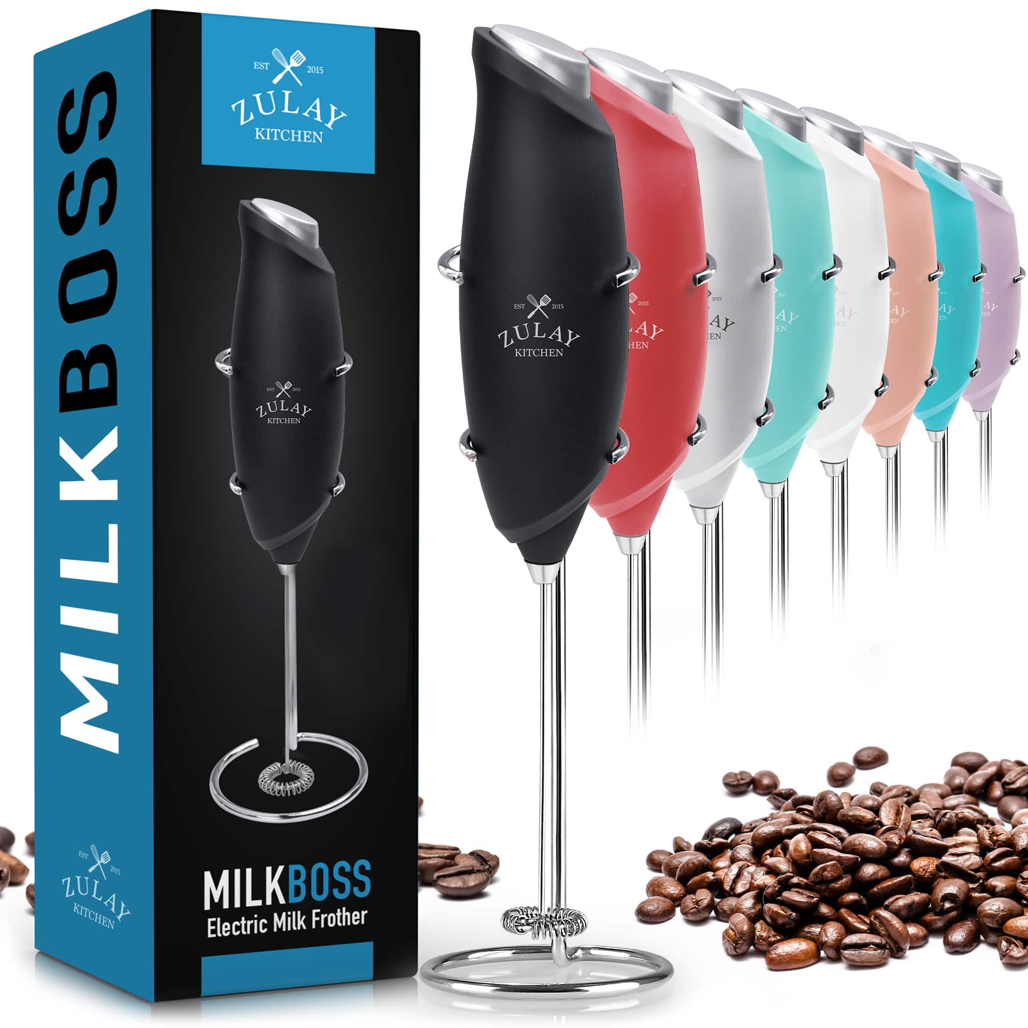 Zulay Kitchen - Premium One-Touch Milk Frother for Coffee - Easy-Use Frother Handheld Foam Maker - Black