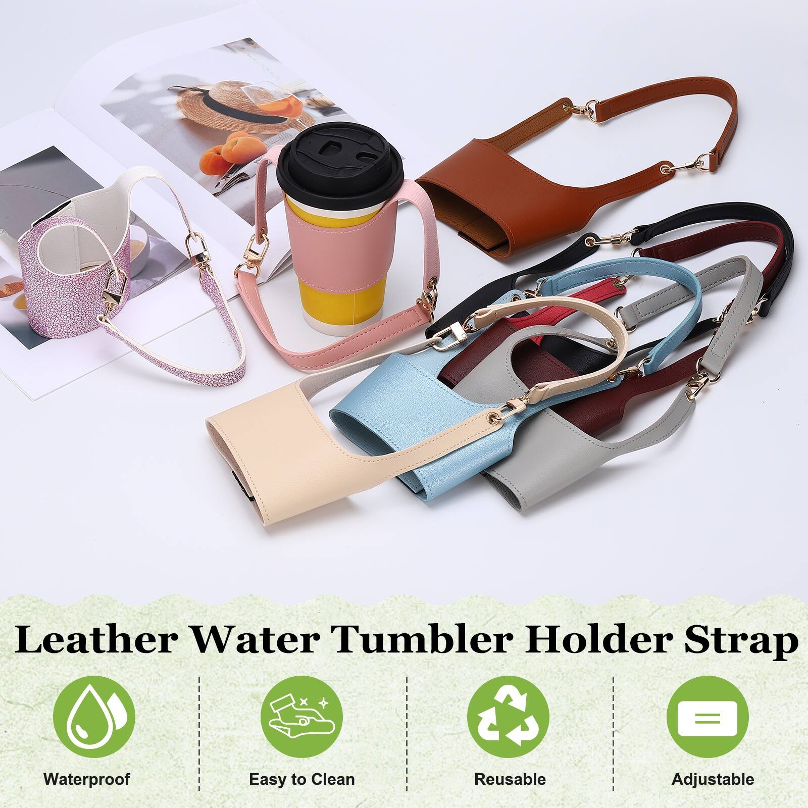 Leather Water Tumbler Holder Strap

- Waterproof
- Easy to Clean
- Reusable
- Adjustable
