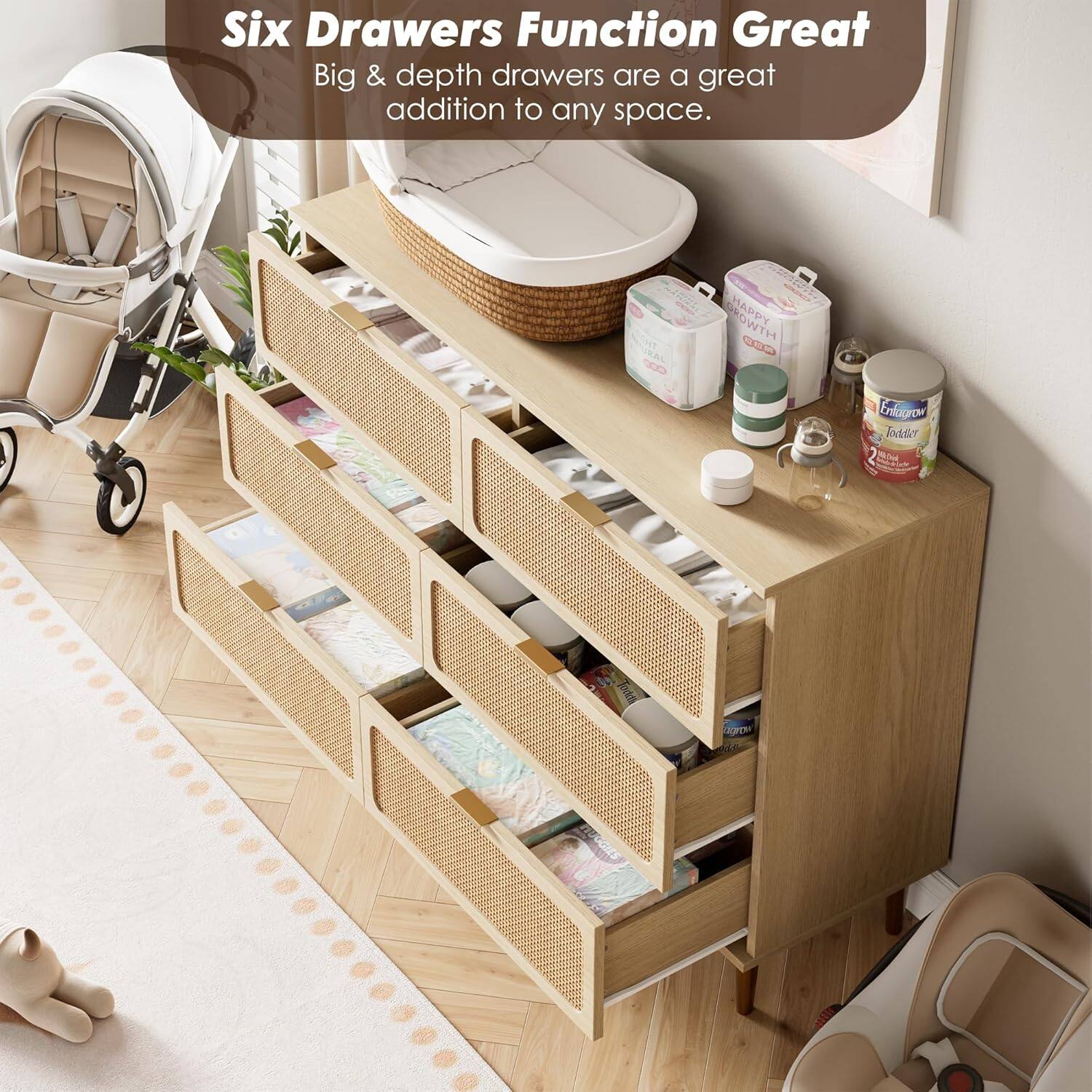 Six Drawers Function Great  
Big & depth drawers are a great addition to any space.