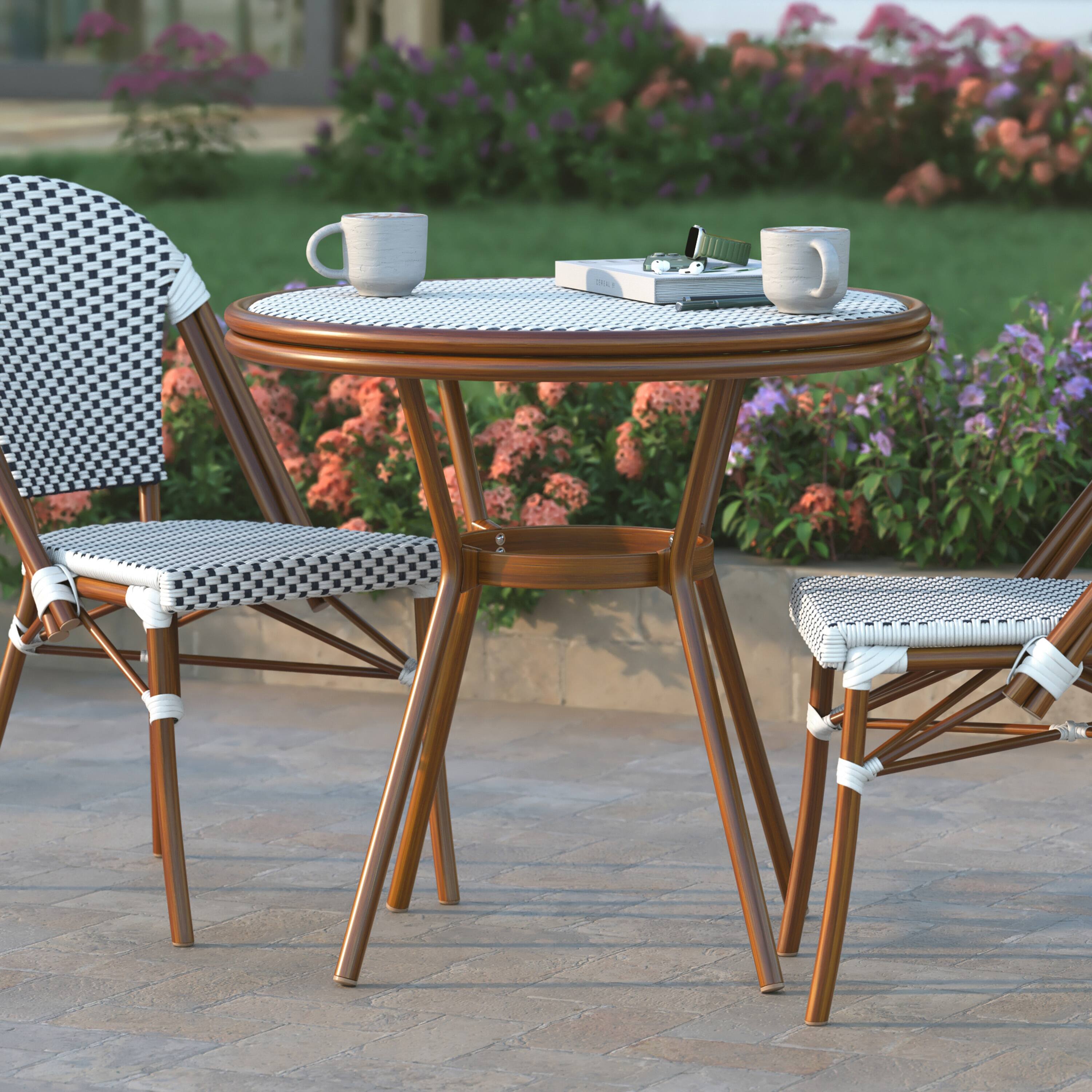 Alt View 1. Emma + Oliver - Colmar Indoor/Outdoor Bistro Style 31.5 in. Table with PE Rattan, Glass Top, and Bamboo Finished Metal Frame - White & Navy Rattan/Natural Frame.