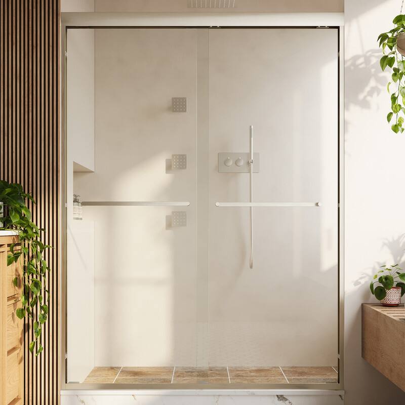 Alt View 8. WELLFOR - 50-54 in W x 72 in H Framed Shower Door with Double Sliding & Stainless Steel Towel Bar Handle, 1/4" Tempered Glass - Brushed Nickel.