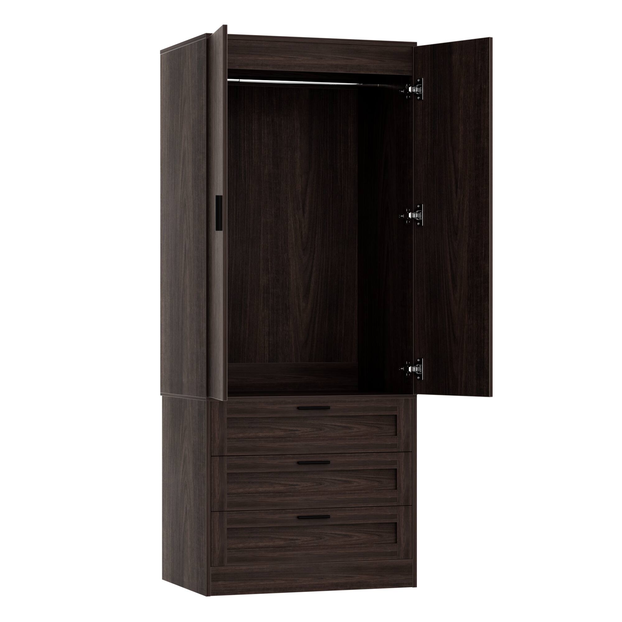 Alt View 2. Aheaplus - 2-Pack 71" Tall Armoire Wardrobes: 3 Drawers, Doors, Hanging Rod, 20" Deep Storage, Soft-Close Hinges ,Ships 2 Packages - Walnut.