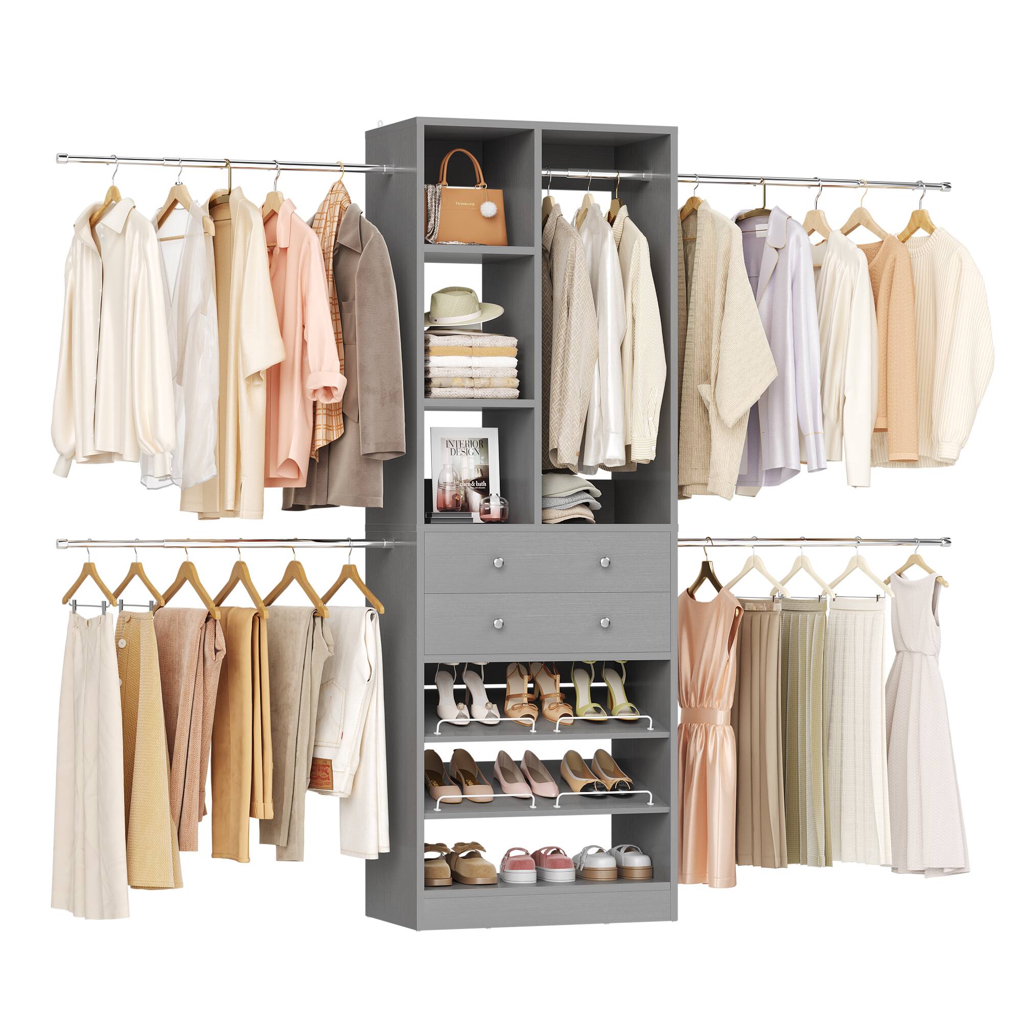 Angle. Aheaplus - 8FT Heavy Duty Closet System with Hanging Rods, Drawers, Shelves, and Shoe Racks, Wardrobe System for Bedroom/Closet - Gray.