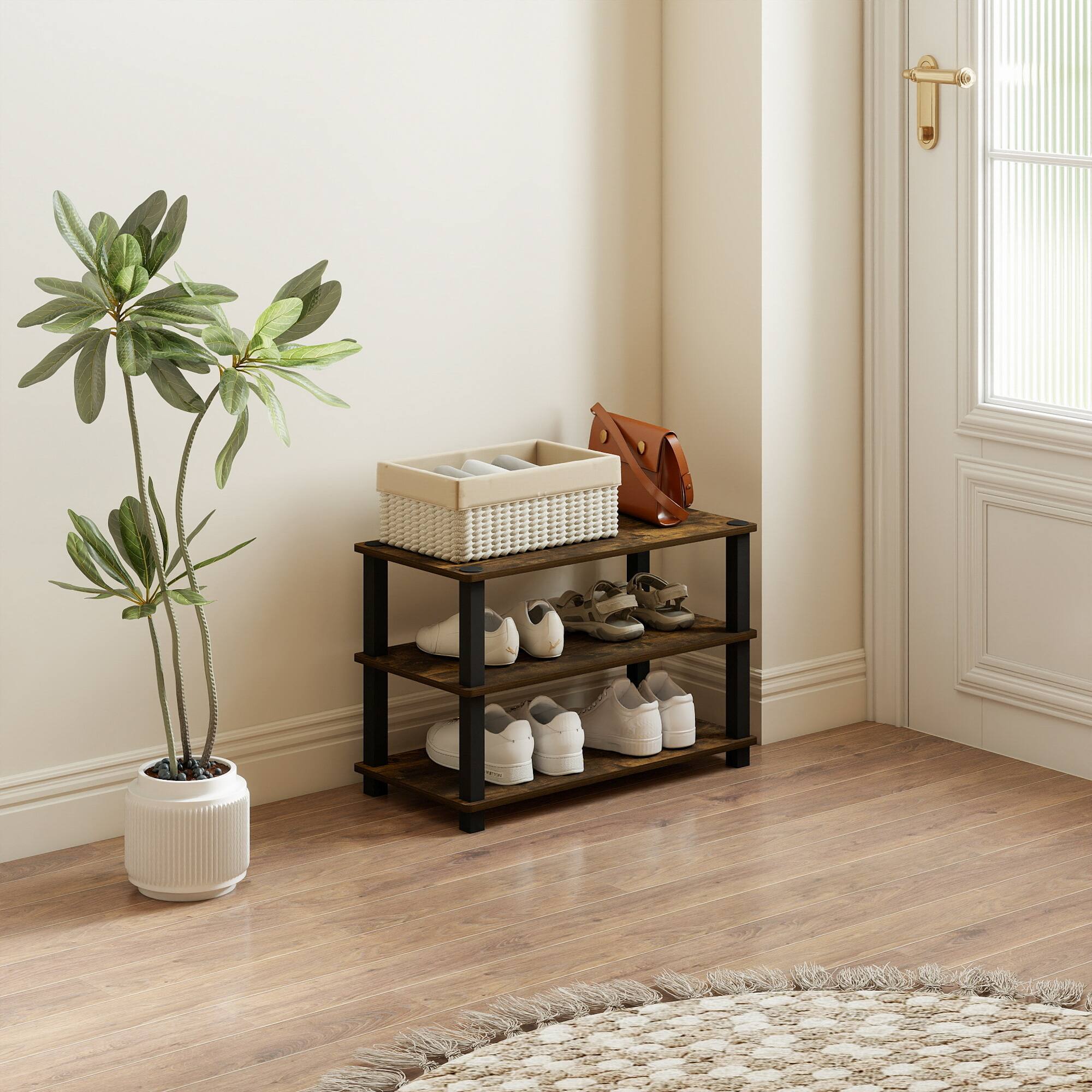 Left. HOMLUX - 3-Tier 23.6"W Wood & PVC Tubes Shoe Rack Shoe Shelf Holds up to 9 Pairs for Enterway - Amber.