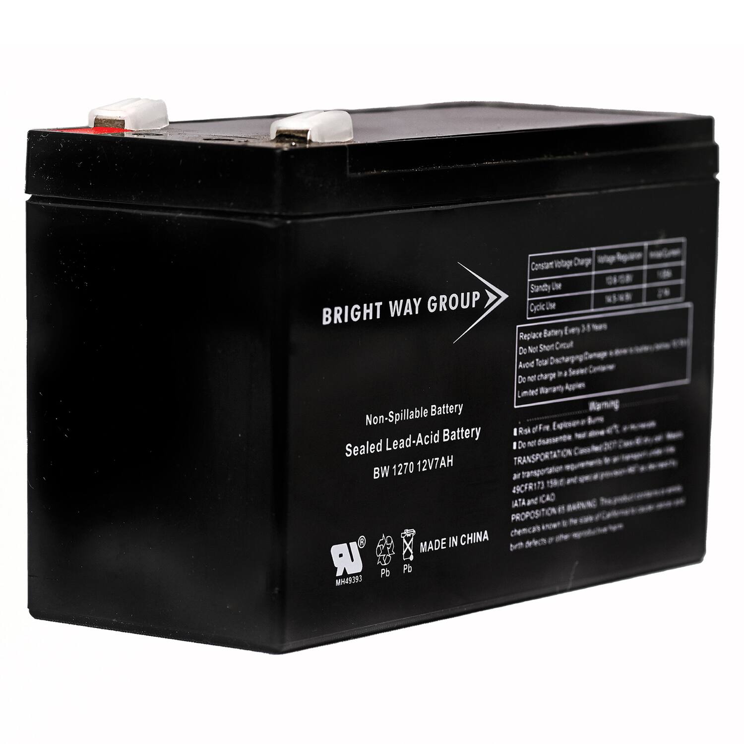 BRIGHT WAY GROUP

Non-Spillable Battery  
Sealed Lead-Acid Battery  
BW 1270 12V7AH

MADE IN CHINA

Constant Voltage Charge  
Voltage Range: 14.4V - 14.8V  
Standby Use: 13.6V - 13.8V  
Cyclic Use: 13.8V - 14.0V

Replace Battery Every 3-5 Years  
Do Not Short Circuit  
Avoid Total Discharge/Charging  
Do Not Charge in 40°C or Higher  
Limited Warranty: 2 Years

Warning  
Risk of Fire - Explosion  
Do Not Dispose of Battery in Fire  
Do Not Store in High Temperature  
Transportation: 49CFR173, IATA, ICAO  
Proposition 65: Chemicals known to the State of California to cause birth defects or other reproductive harm

Pb Pb