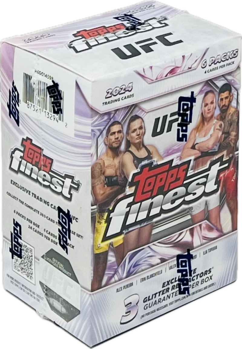 Topps UFC 2024 Trading Cards  
6 Packs Per Box  
4 Cards Per Pack  
300 Cards Per Box  
Glitter Ractors Per Box  
Exclusive Trading Card Set  
Collect The Complete 300-Card Set  
Topps Finest
