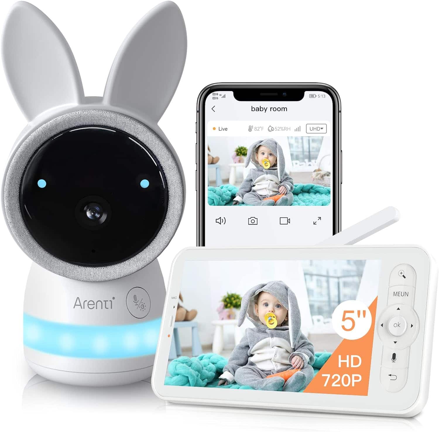 Arenti - 2K Ultra HD WiFi Camera, 5" Color Display,Night Vision, Cry Detection,Motion Detection,Temp & Humidity Sensor - White