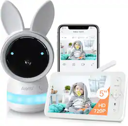 Arenti - 2K Ultra HD WiFi Camera, 5" Color Display,Night Vision, Cry Detection,Motion Detection,Temp & Humidity Sensor - White