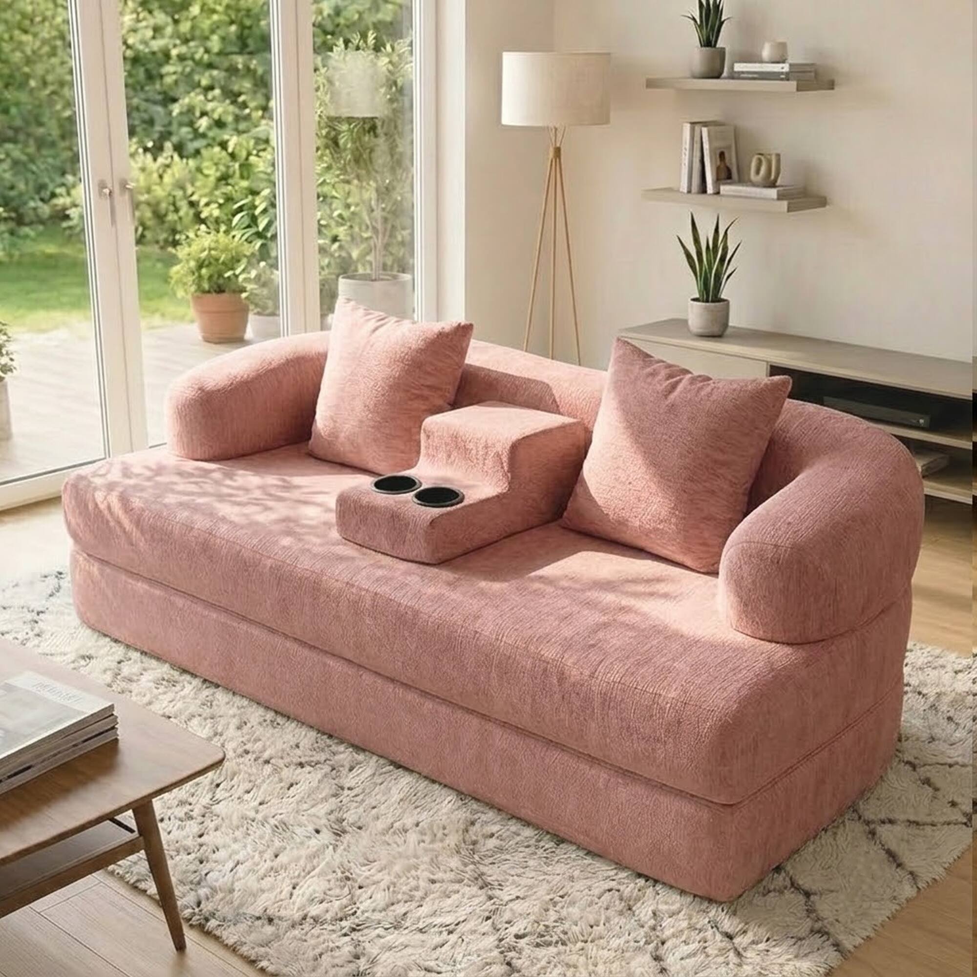 Front. Anysun - 2-in-1 Modern Curved Boneless Convertible Chenille  Sleeper Sofa Bed with Cup Holders, for Small Spaces - Pink.