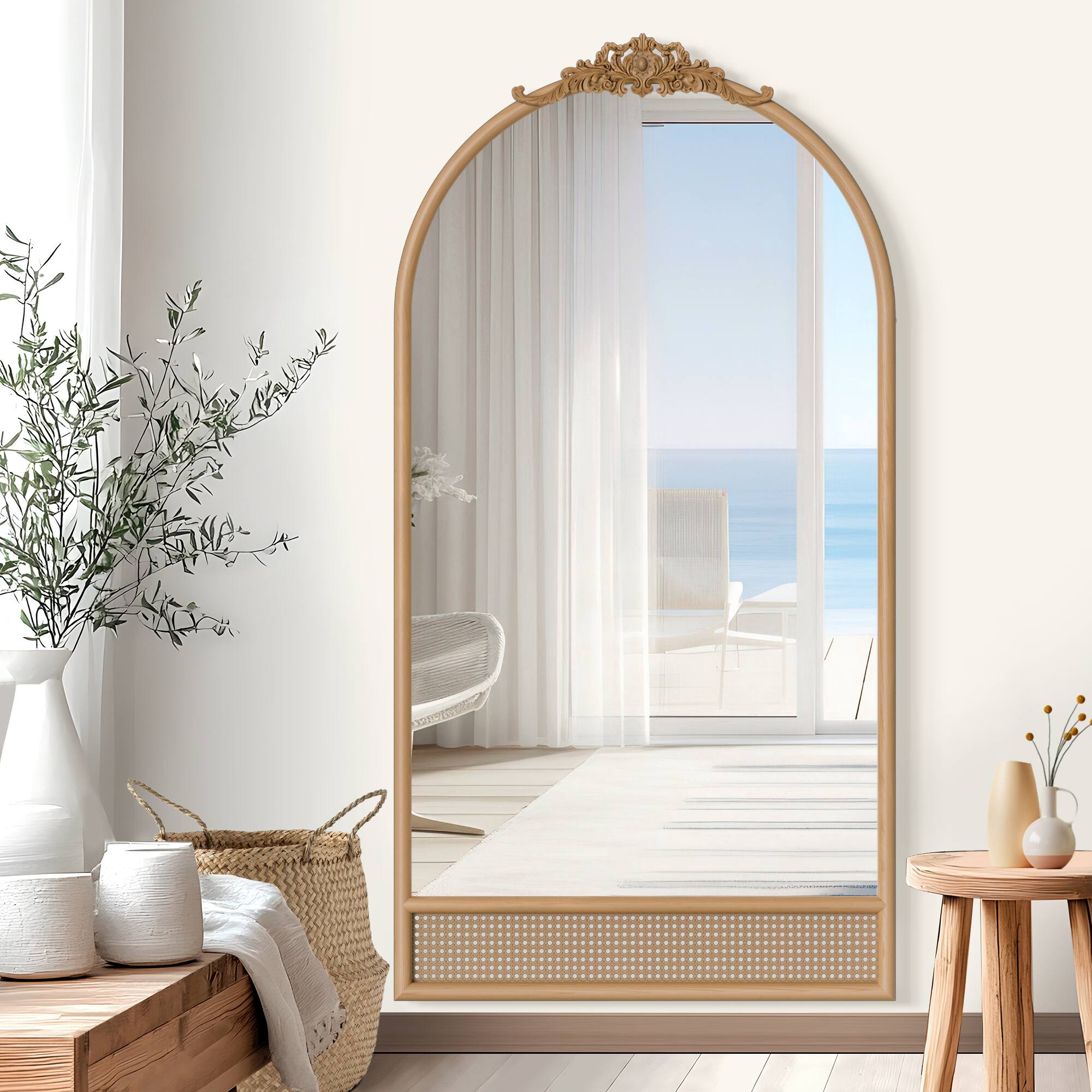 Alt View 2. PexFix - 71"x37" Arched Full Length Mirror with Carved Top Natural Wood Frame with Rattan Accent Standing/Hanging Wall Mirror - Brown.