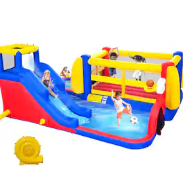 Loheer - 7 in 1 Inflatable Water Park with Slide Deep Pool Climbing Wall Basketball Hoop Kids Backyard Bounce House