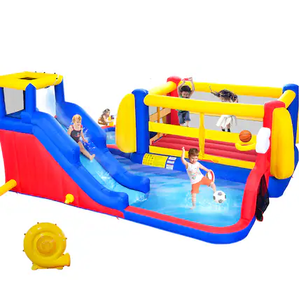 Front. Loheer - Loheer 7 in 1 Inflatable Water Park with Slide Deep Pool Climbing Wall Basketball Hoop Kids Backyard Bounce House.