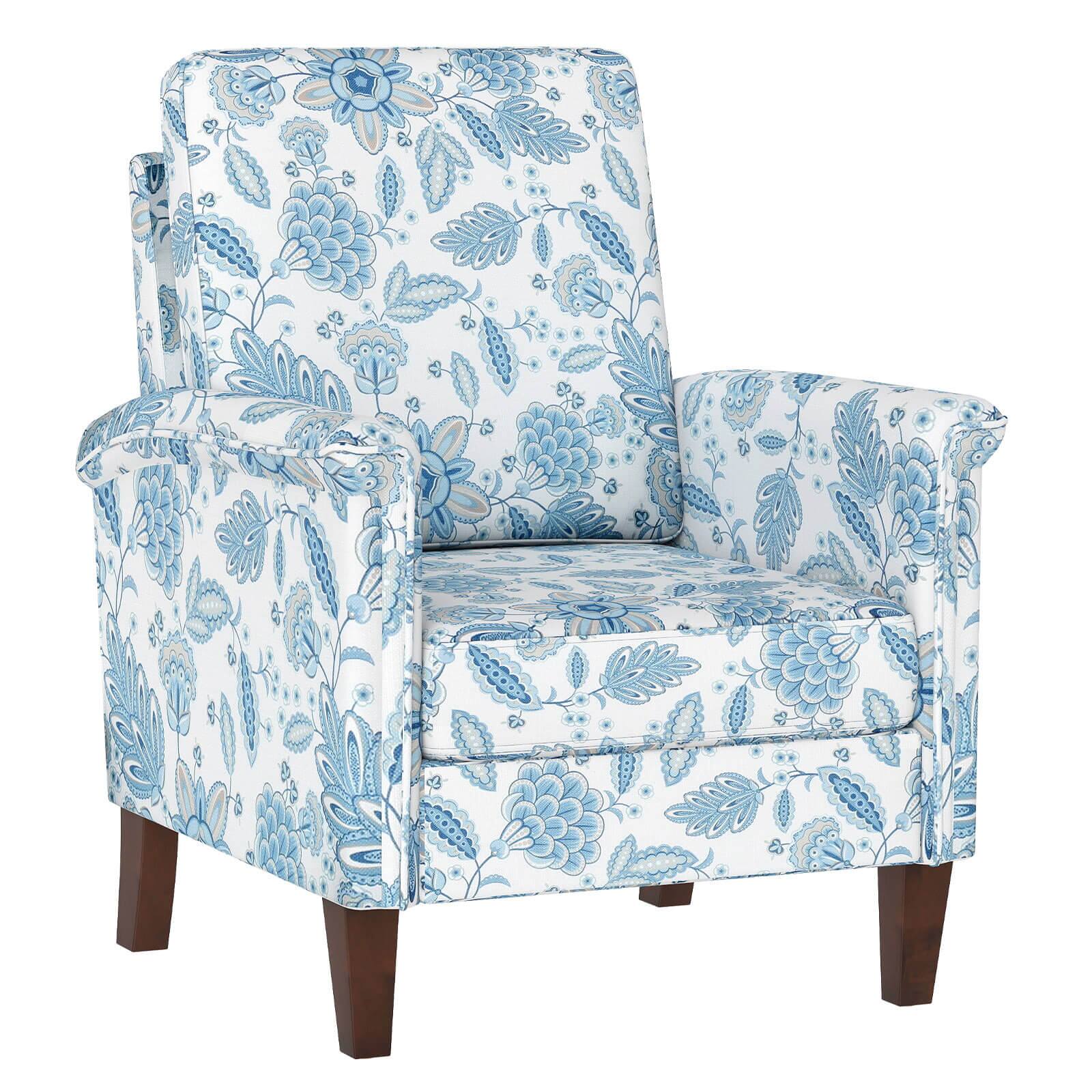 Front. Costway - Costway 1 PCS Floral Accent Chair with Solid Wood Legs & High Back Thick Comfy Cushions - Blue.