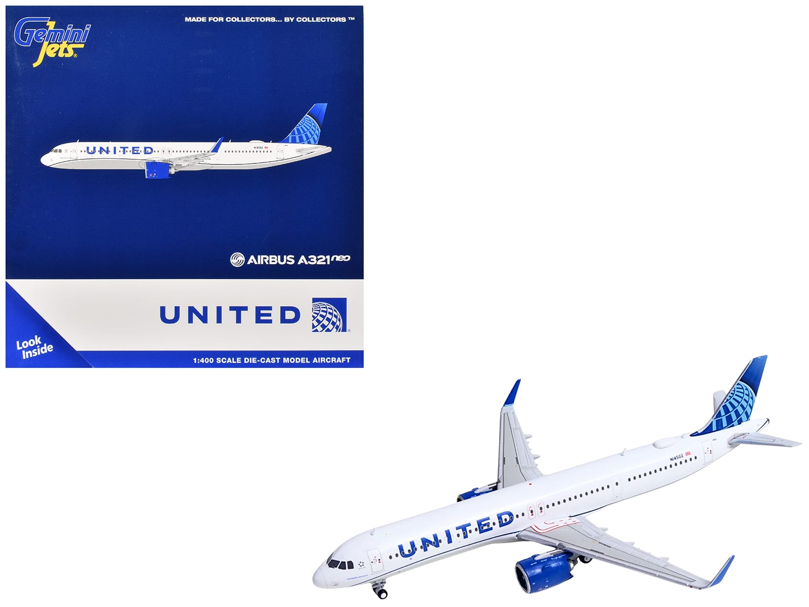 GeminiJets - Airbus A321neo Commercial Aircraft "United Airlines" (N14502) Tail 1/400 - White with Blue