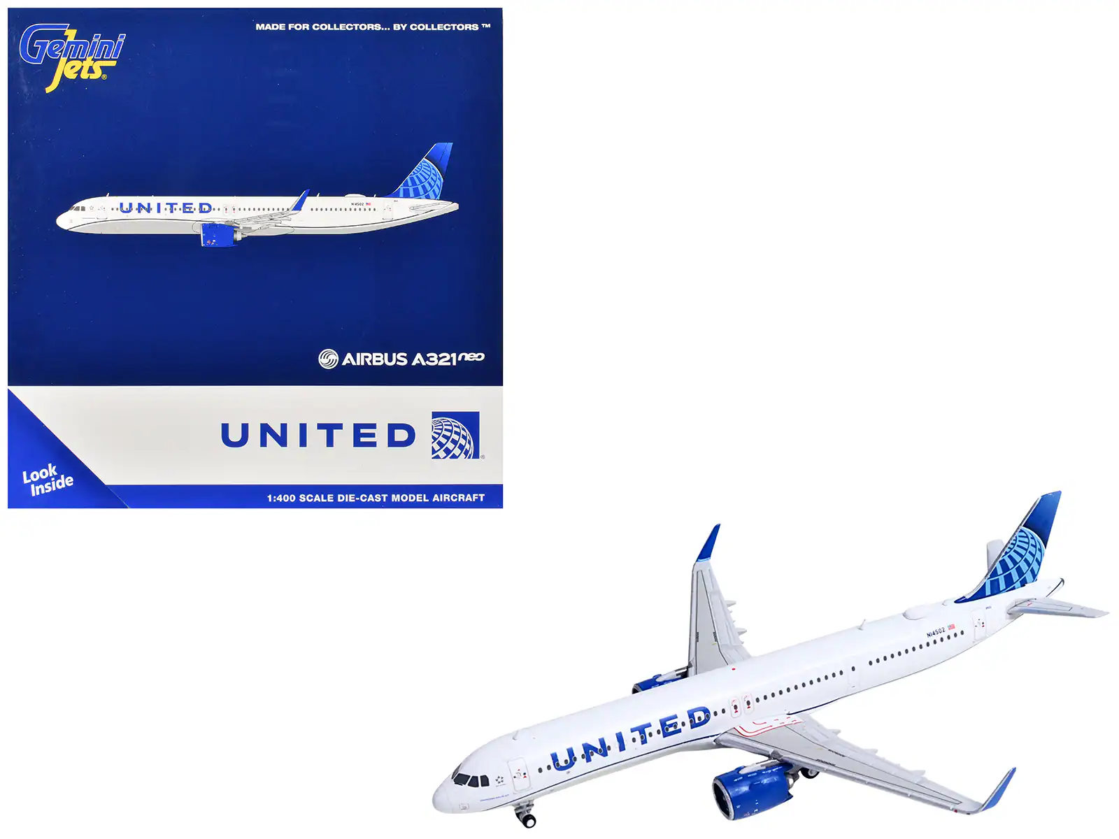 GeminiJets - Airbus A321neo Commercial Aircraft "United Airlines" (N14502) Tail 1/400 - White with Blue