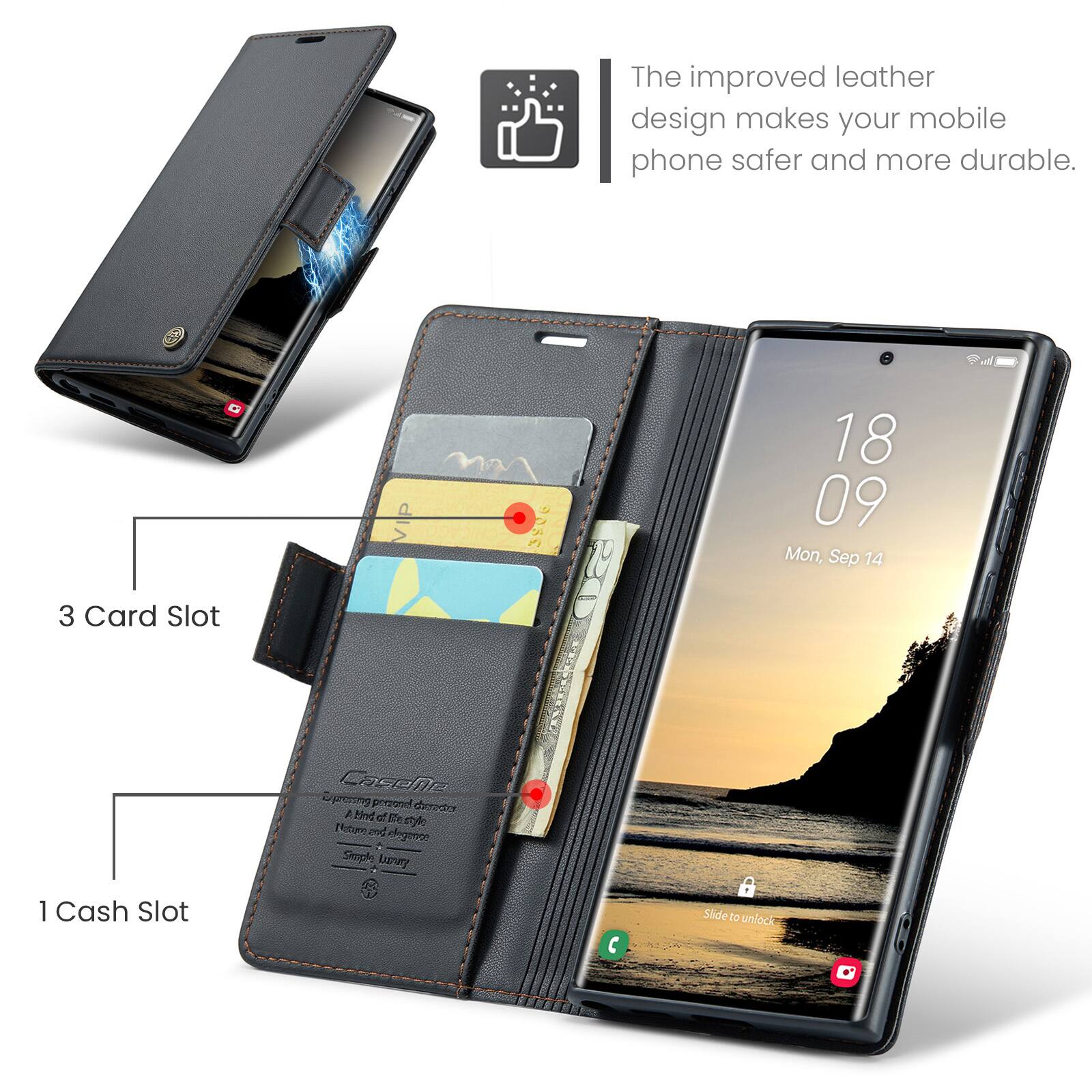 The improved leather design makes your mobile phone safer and more durable.

3 Card Slot

1 Cash Slot

Casee Supressing present chanvater 4 bnd of Efc Nature of degenne Smple Lucky

18 09 Mon, Sep 14

Slide to unlock