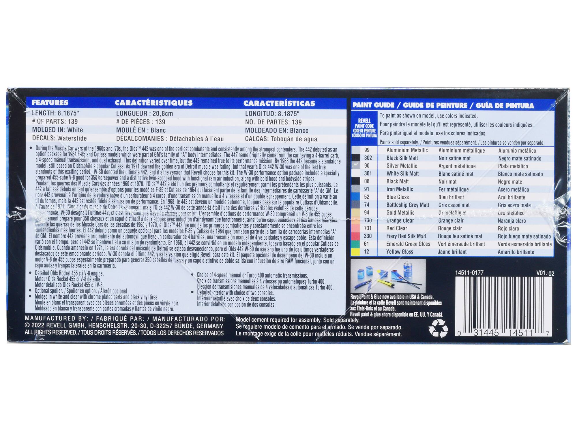 **FEATURES**  
LENGTH: 8.1875"  
# OF PARTS: 139  
MOLDED IN: White  
DECALS: Waterslide  

**CARACTERISTIQUES**  
LONGUEUR: 20.8cm  
# DE PIECES: 139  
MOULE EN: Blanc  
DECALCOMANIES: Détachables à l'eau  

**CARACTERÍSTICAS**  
LONGITUD: 8.1875"  
NO. DE PARTES: 139  
MOLDEADO EN: Blanco  
CALCAS: Tobogán de agua  

**PAINT GUIDE / GUIDE DE PEINTURE / GUÍA DE PINTURA**  
paint as shown on model, use colors indicated.  
pour peindre le modèle tel qu'il est représenté, utilisez les couleurs indiquées.  
pintura igual al modelo, use los colores indicados.  

- Aluminum Metallic  
- Silver Metallic  
- Black Silk Matt  
- Black Matt  
- Iron Metallic  
- Blue Gloss  
- Battleship Grey Matt  
- Gold Metallic  
- Orange Clear  
- Red Clear  
- Fiery Red Silk