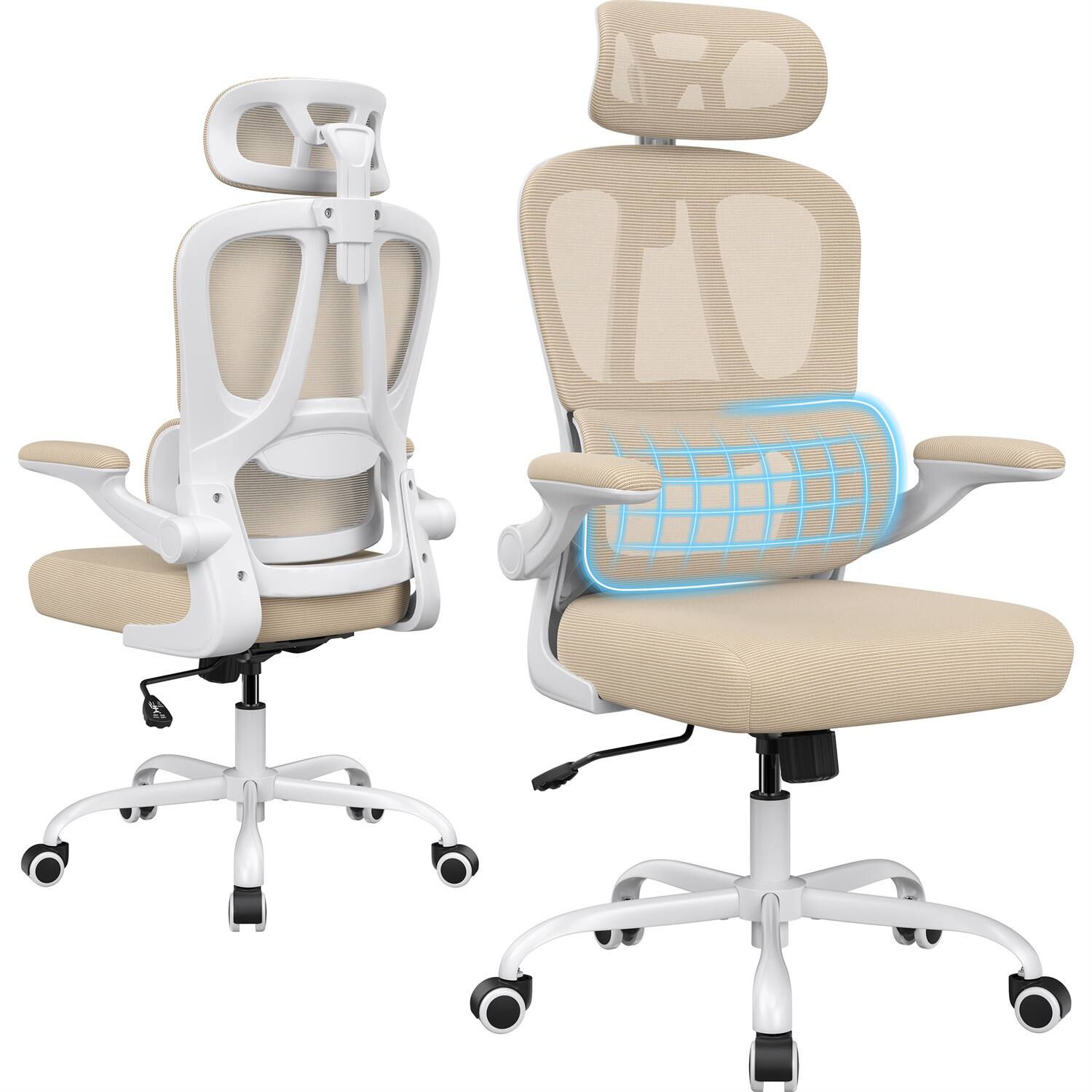 Back. Forest'nSky - khaki Ergonomic Office Chair with Headrest & Lumbar Support, High Back Swivel Desk Chair for Home Office - khaki.