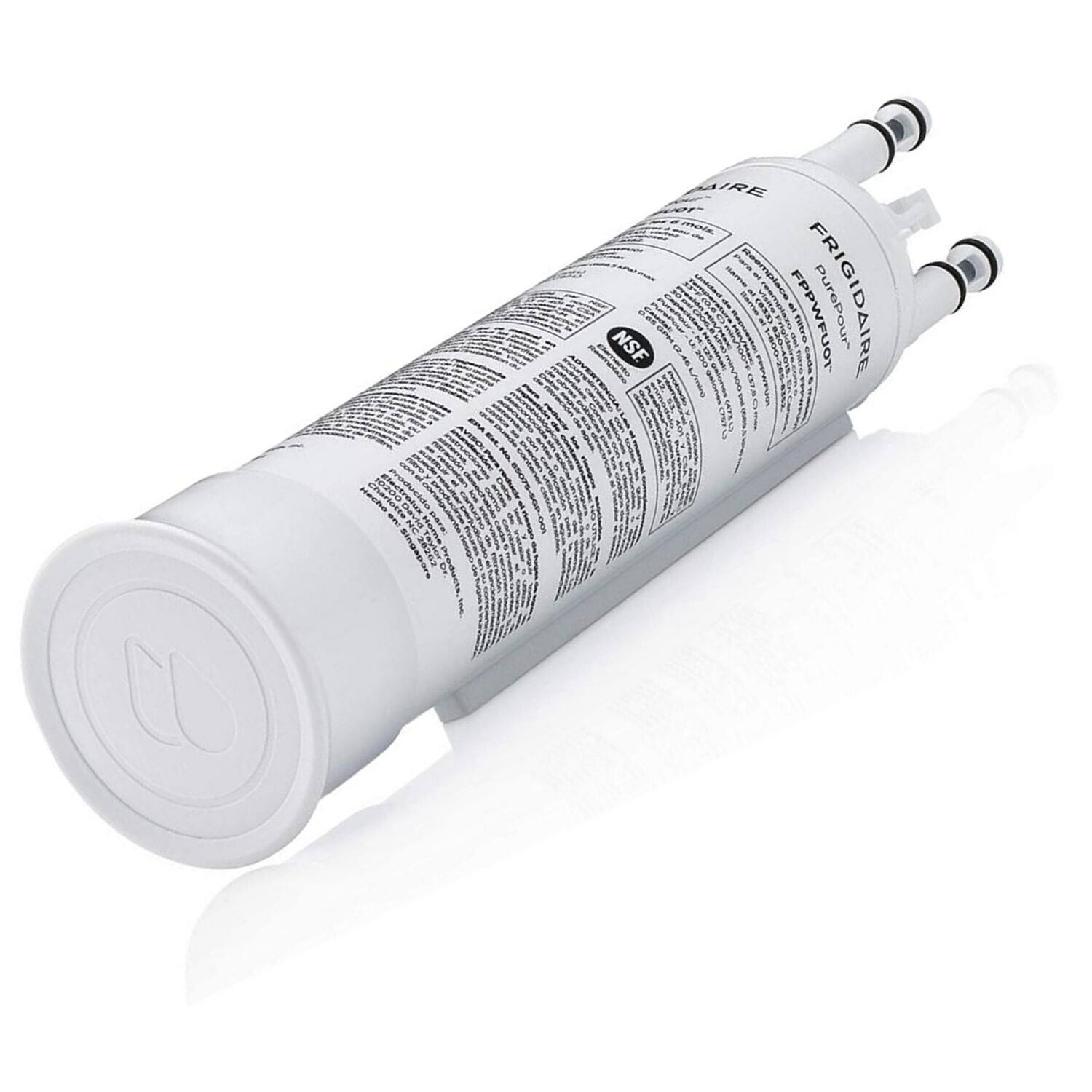 Sure, here is the corrected and grouped text from the image:

---

FRIGIDAIRE  
PUREPOUR  
NSF u200  
LA COS C Singspare  

---

This text appears to be related to a water filter product by Frigidaire, with NSF certification and some additional specifications.