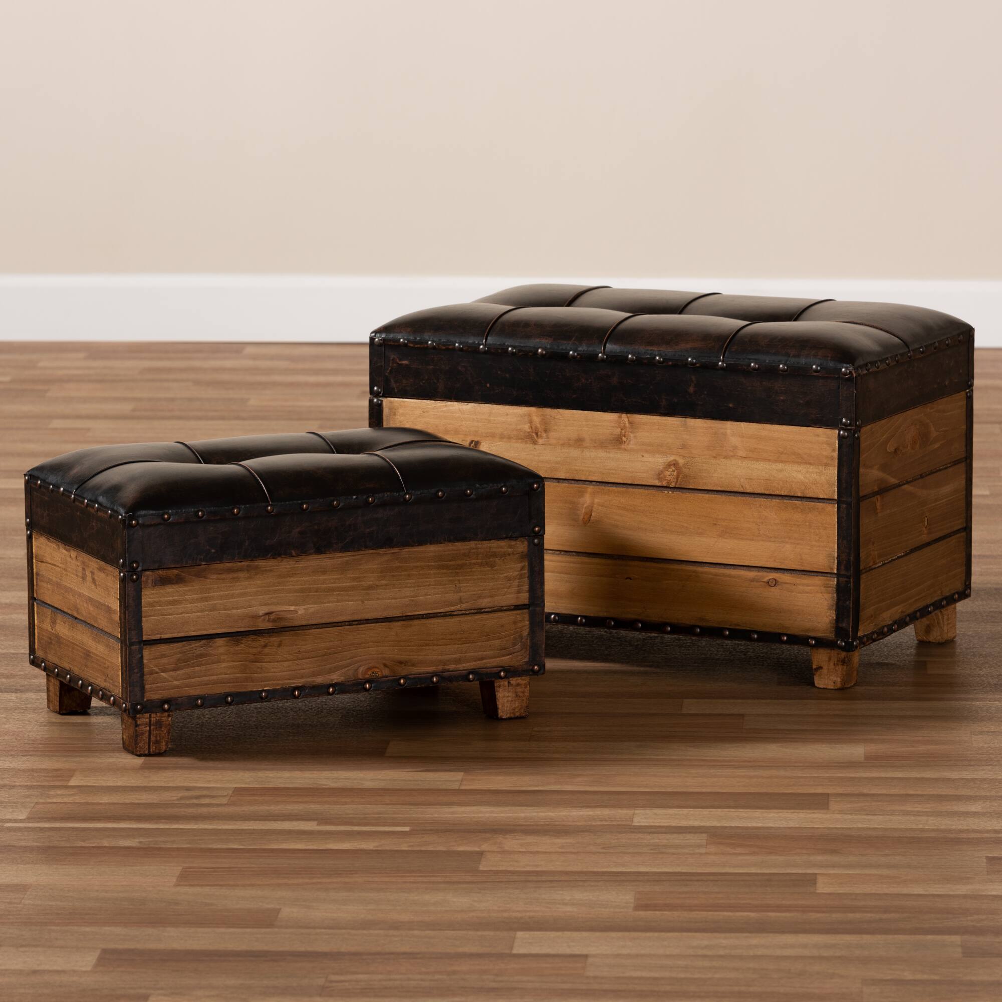 Alt View 7. Baxton Studio - Marelli Rustic Faux Leather Upholstered 2-Piece Wood Storage Trunk Ottoman Set - Dark Brown/Golden Oak.
