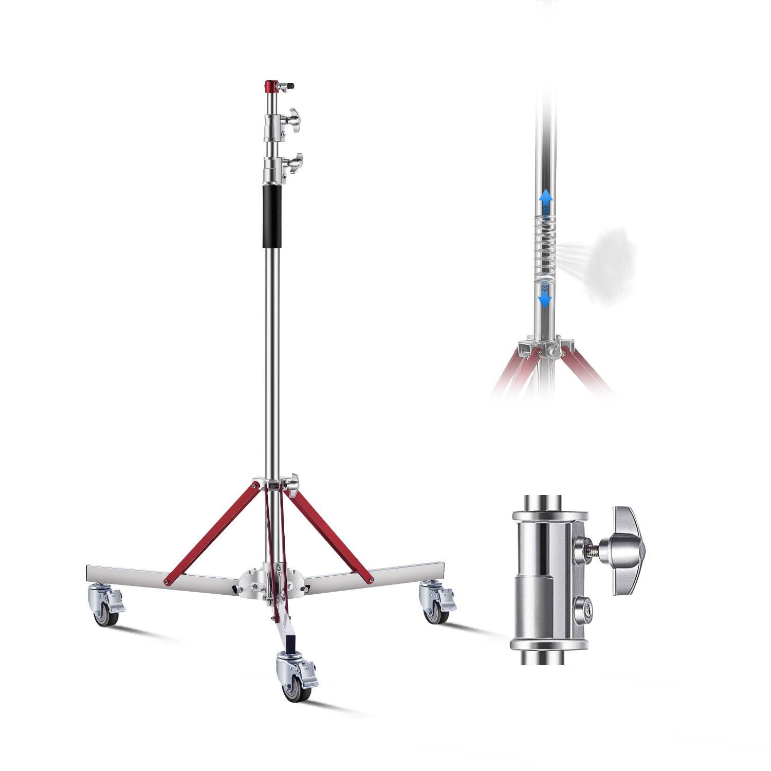 Front. VEVOR - Heavy Duty Light Stand with Casters, Max Height 10.5 ft/320 cm, Adjustable Tripod Stand with Stainless Steel - Silver.