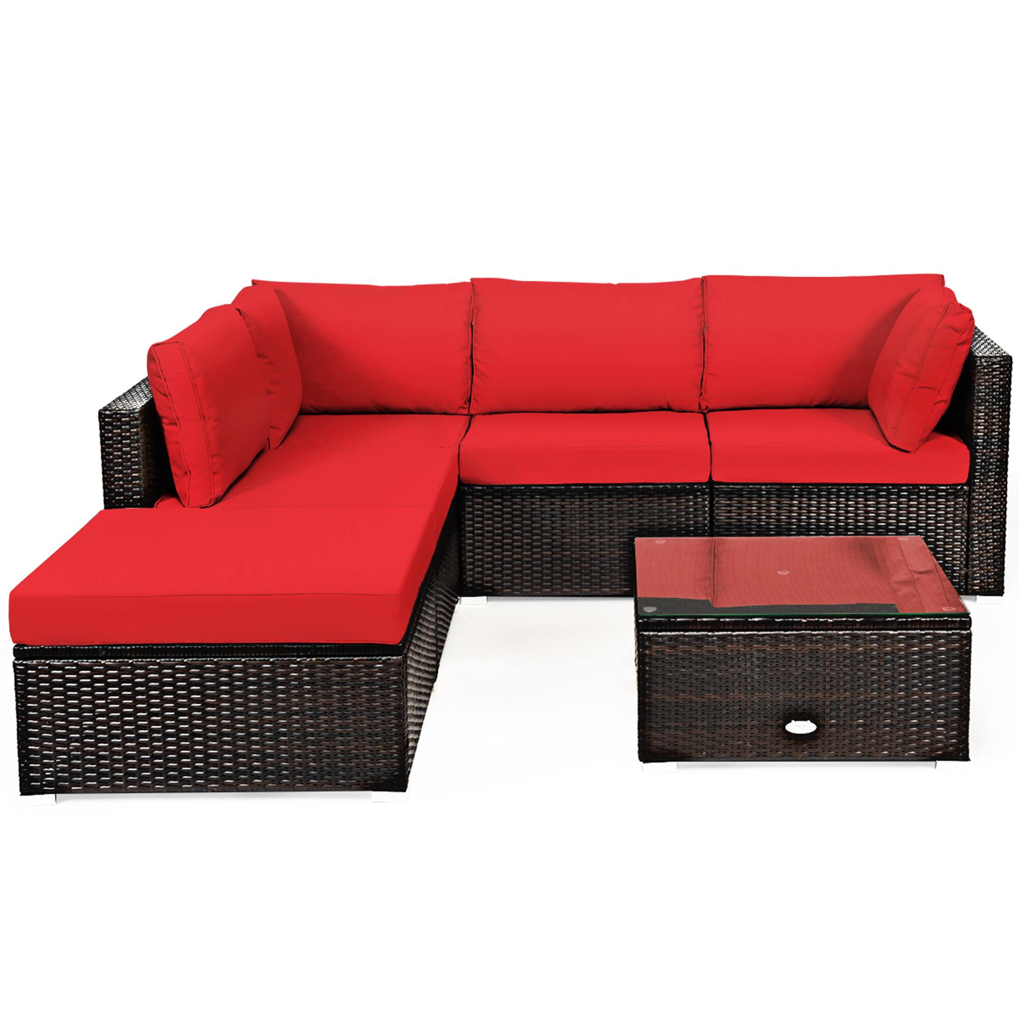 Alt View 1. Gymax - Gymax 6PCS Rattan Patio Sectional Sofa Set Outdoor Furniture Set w/ Red Cushions - Red.