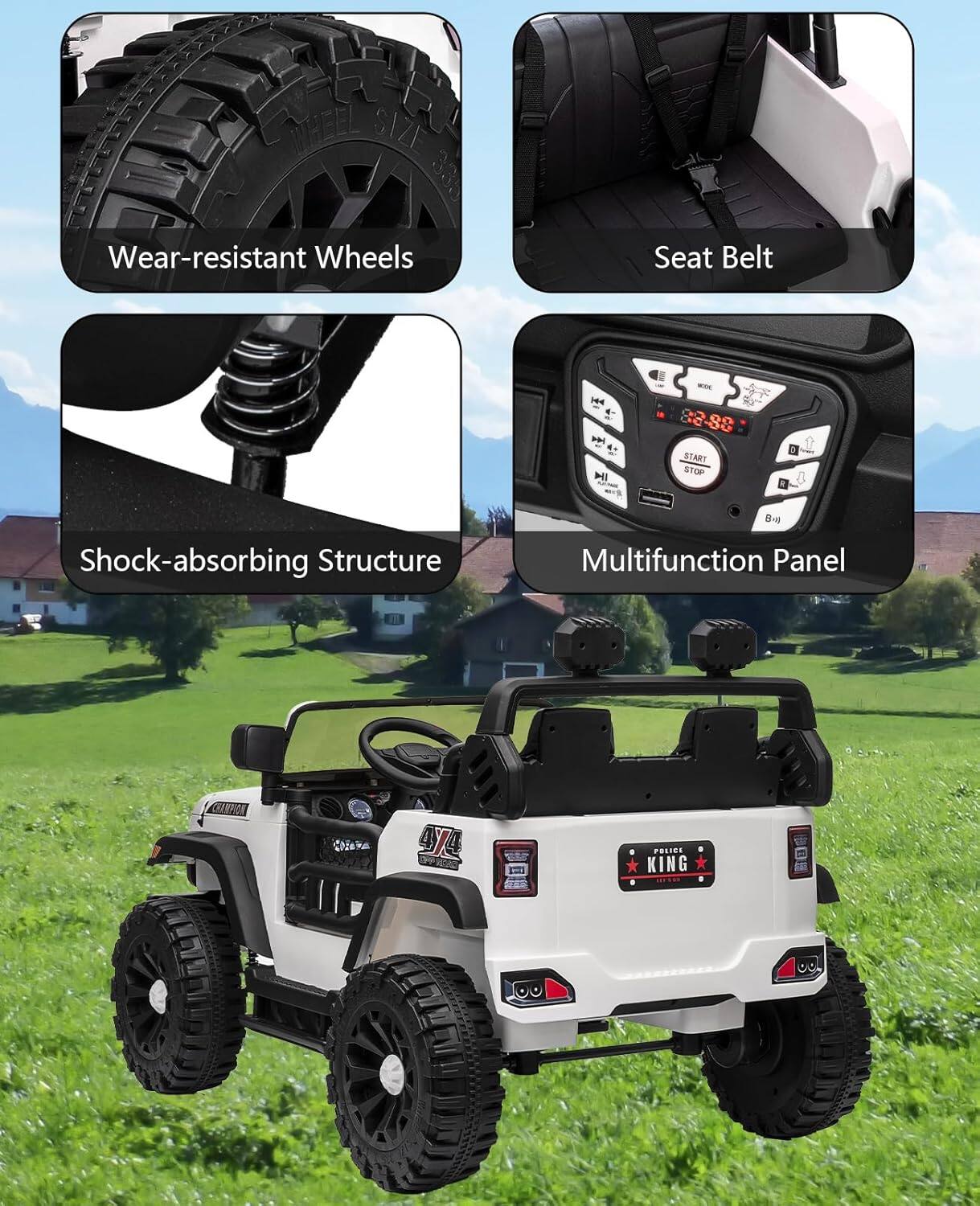 - Wear-resistant Wheels
- Seat Belt
- Shock-absorbing Structure
- Multifunction Panel
- 4x4
- Police King