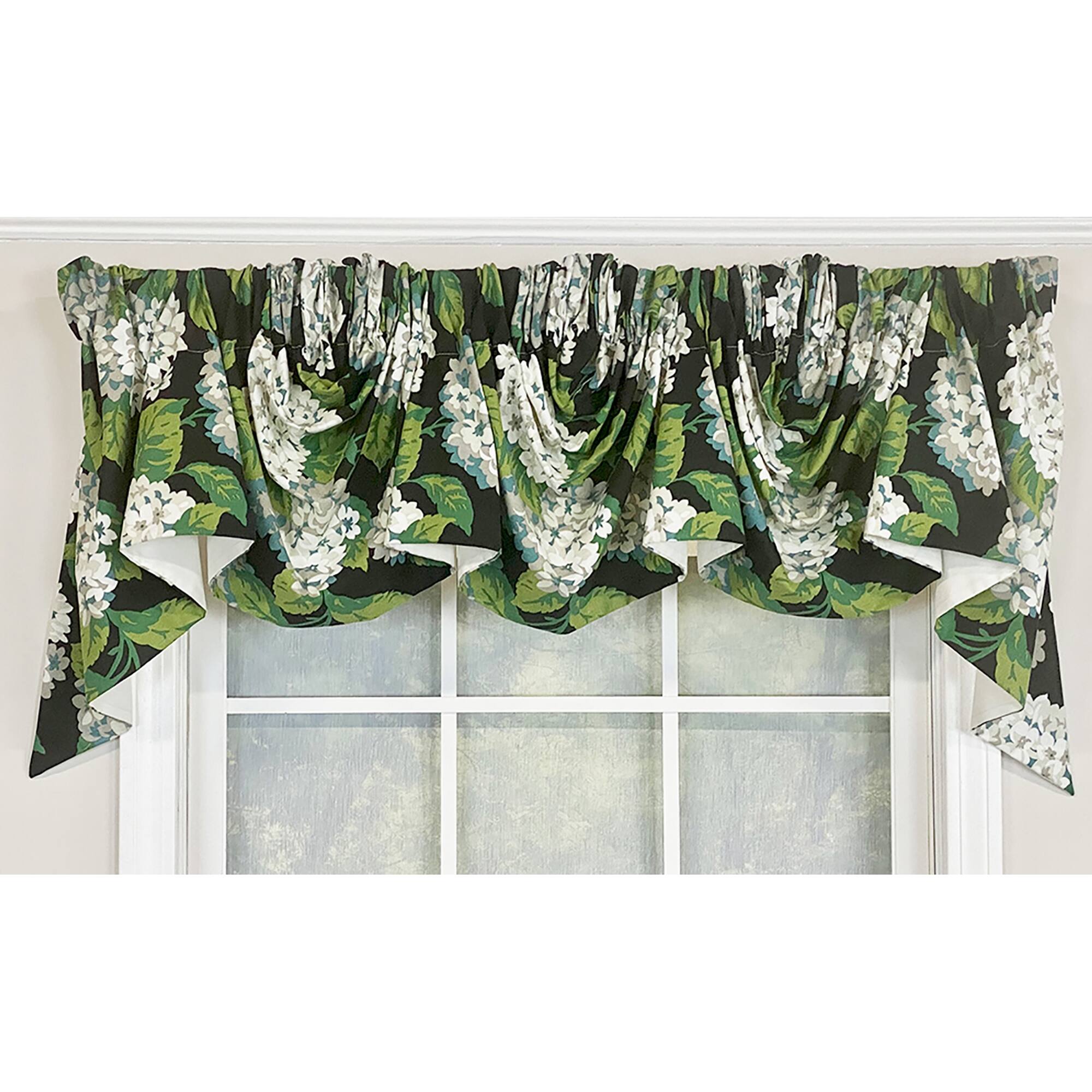 Angle. RLF Home - RLF Home Hydrangea Empire Valance Tuxedo Black 3-Scoop. 64" x 25" For windows up to 60"W - Tuxedo black.