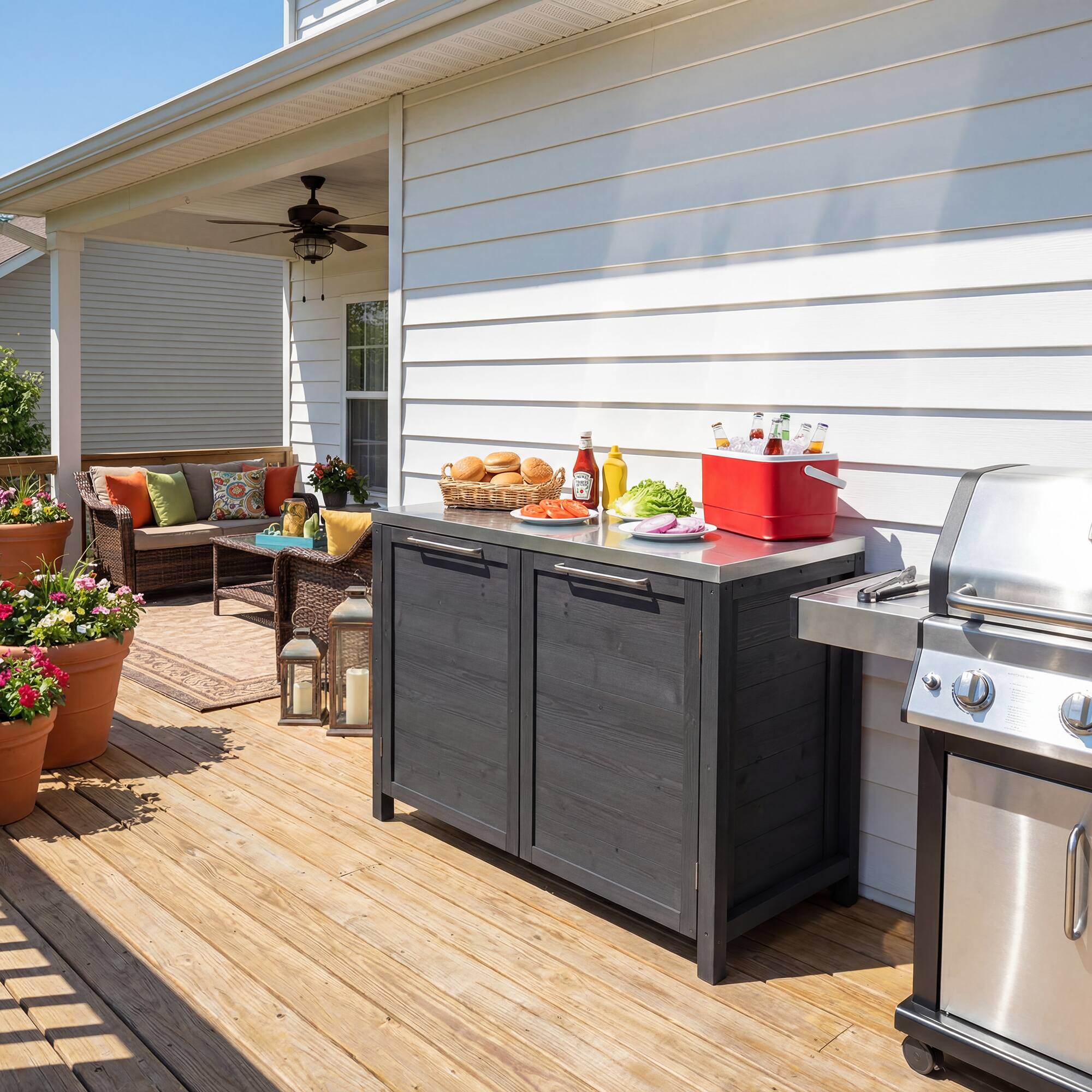 Left. Famapy - Modular Solid Cedar Outdoor Kitchen Cabinets - All-Weather Storage with Stainless Steel Top for Patio, Grill Station - Carbon Black.