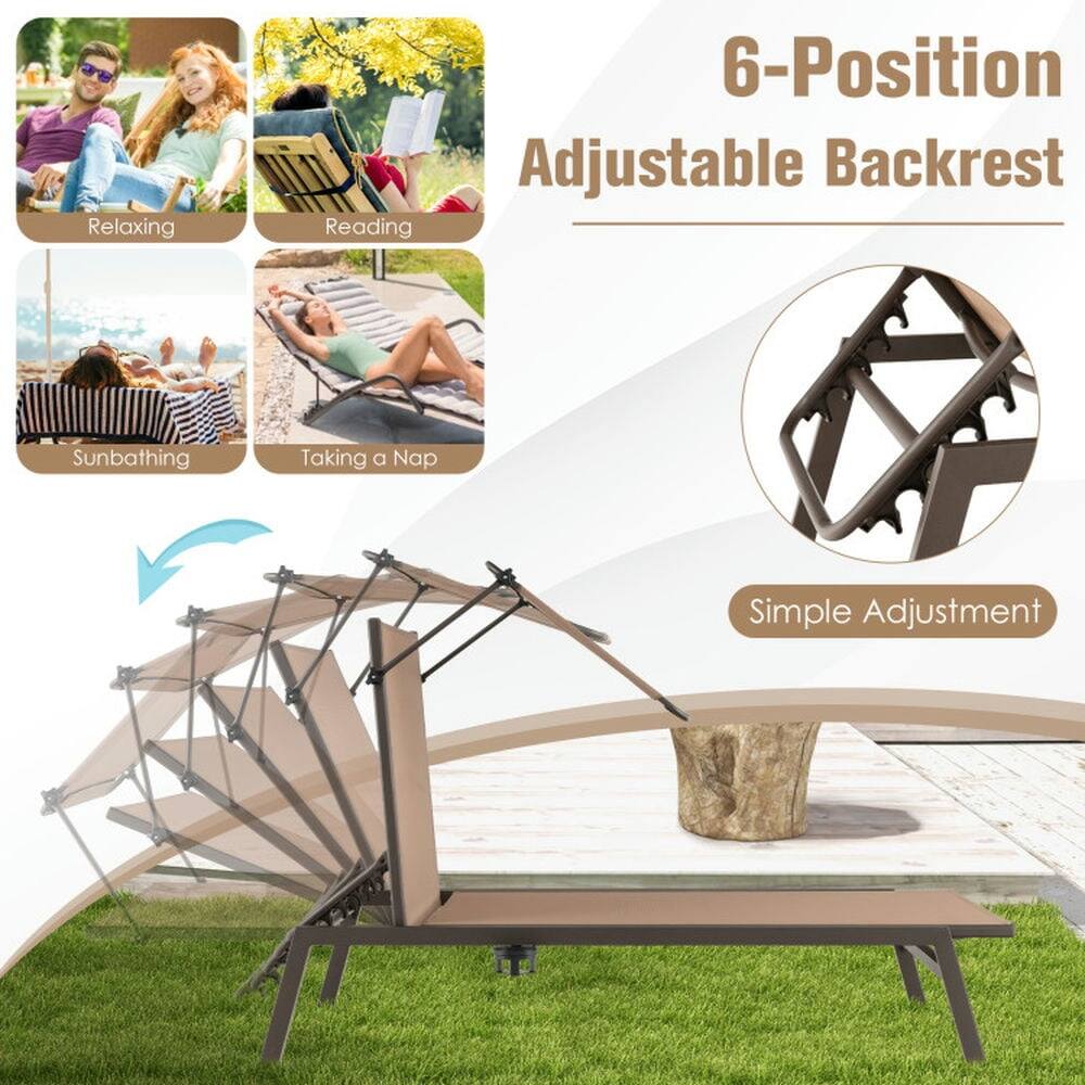 6-Position Adjustable Backrest

Relaxing  
Reading  
Sunbathing  
Taking a Nap  

Simple Adjustment