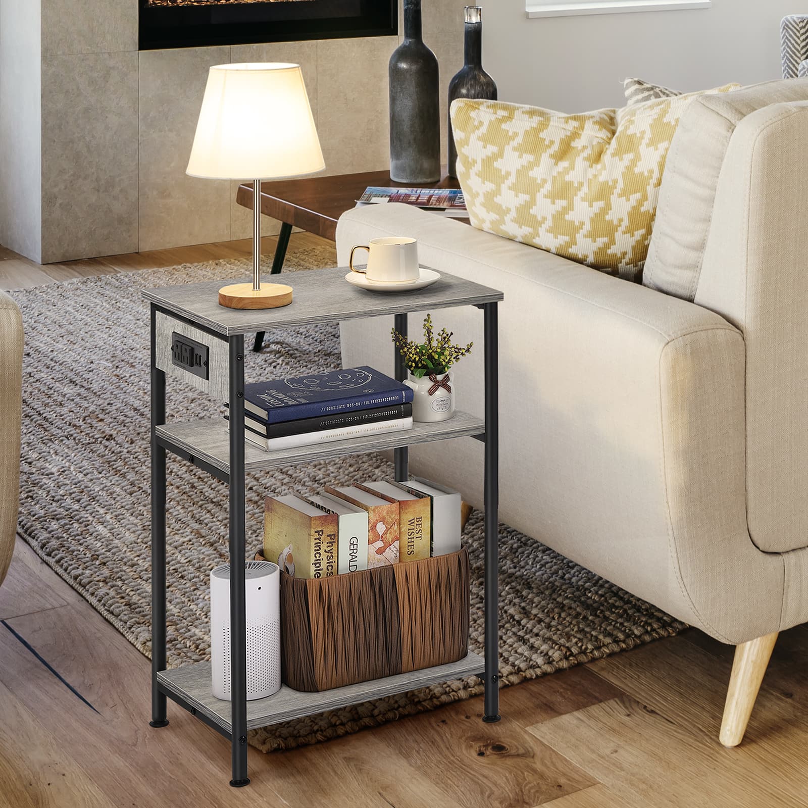 Oumilen - Dark 3-Tier End Table with Built-in Charging Station - Gray