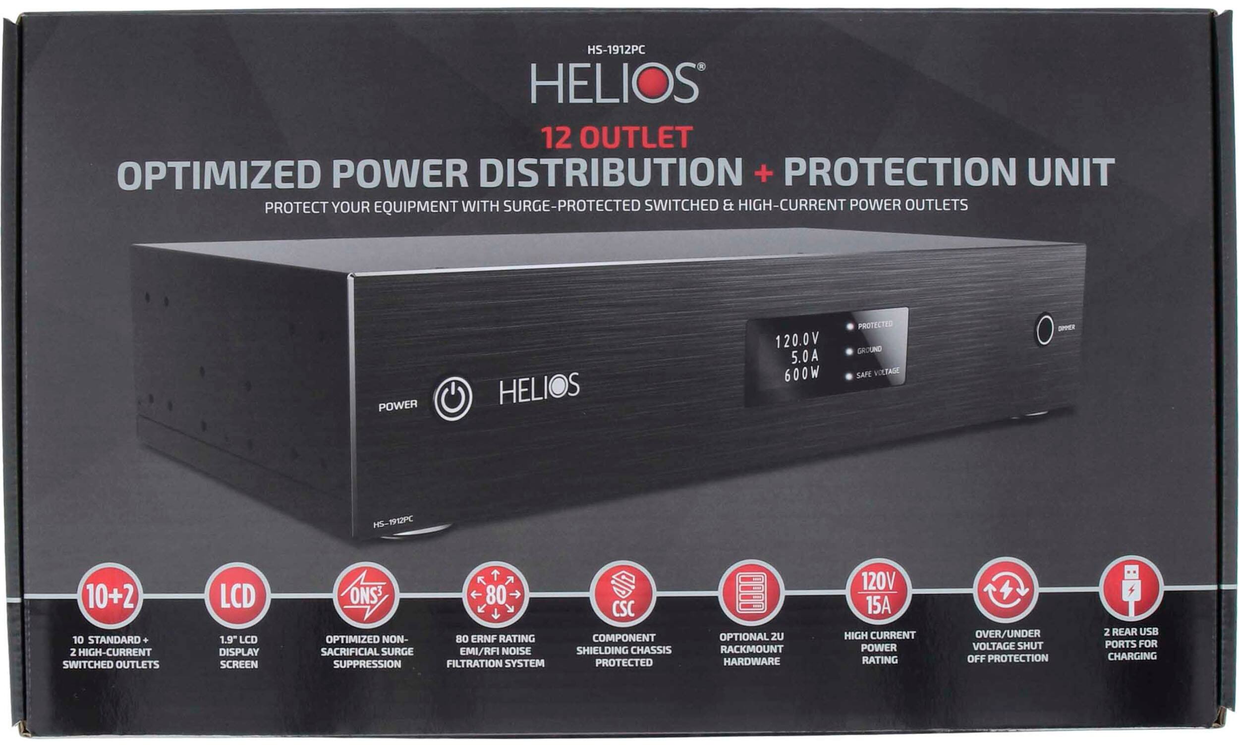 The Helios 12 Outlet Optimized Power Distribution and Protection Unit is designed to protect your equipment from surges, spikes, and voltage fluctuations. It features a surge-protected switched power outlet with high-current rating, ensuring that your devices receive a stable and safe power supply. The unit has a total of 12 outlets, including 10 standard outlets and 2 high-current switched outlets. Additionally, it has a 1.9-inch LCD display screen for monitoring power usage and voltage levels. The Helios 12 also includes EMI/RFI noise filtration and component shielding to further protect your equipment from electrical interference and noise. The unit is available with optional rackmount hardware and rear USB ports for charging purposes.