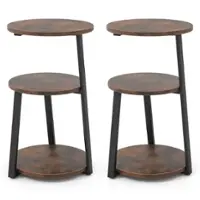 Costway 2 PCS 3-Tier Round Side Table with Metal Frame & Adjustable Foot Pads Nightstand - Rustic Brown & Black - Front_Zoom