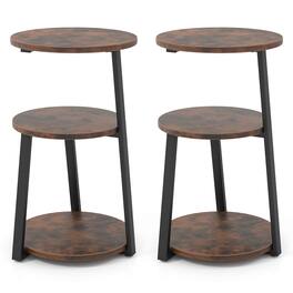 Costway - 2 PCS 3-Tier Round Side Table with Metal Frame & Adjustable Foot Pads Nightstand - Rustic Brown & Black