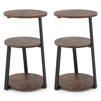 Front. Costway - 2 PCS 3-Tier Round Side Table with Metal Frame & Adjustable Foot Pads Nightstand - Rustic Brown & Black.