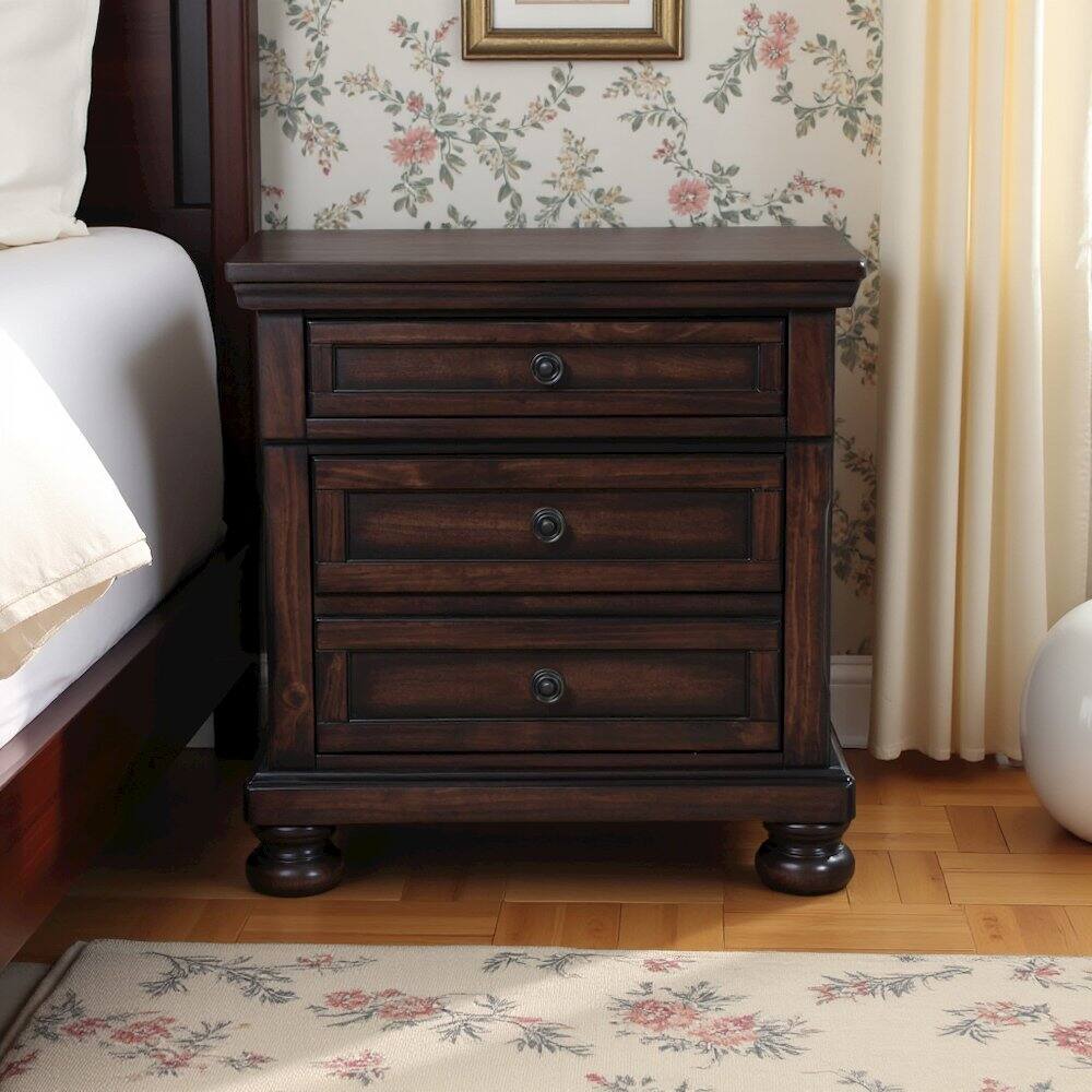 Alt View 1. FurniFact - Wooden Nightstand with USB, Cherry Veneer, and Dark Metal Finish Knobs - Cherry Brown.