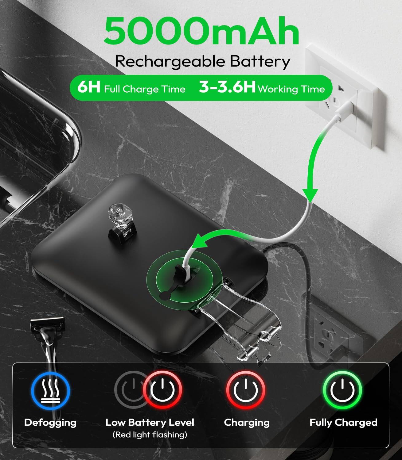 5000mAh Rechargeable Battery  
6H Full Charge Time  
3-3.6H Working Time  
Defogging  
Low Battery Level (Red light flashing)  
Charging  
Fully Charged