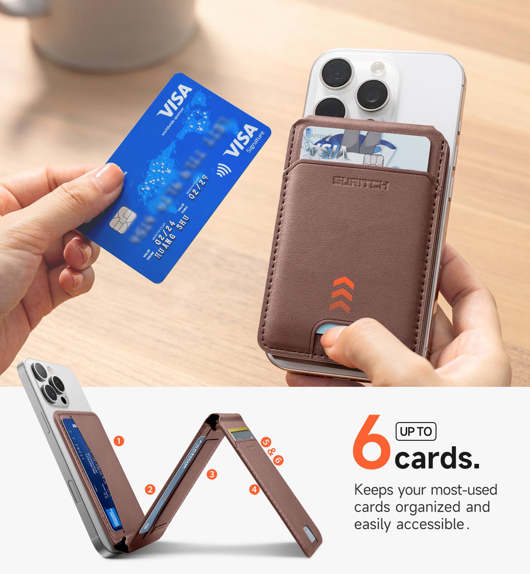 VISA 1monY apopu VISA Signature 02/29 SFTEL I H WiLE D- 4 SHU HUANG 02/2 WTEN I nge VSIA 101 EARIEH 4 1 FROAT nio_t io I 2 ! 3 4 5 & 9 UP TO 6 cards. Keeps your most-used cards organized and easily accessible.