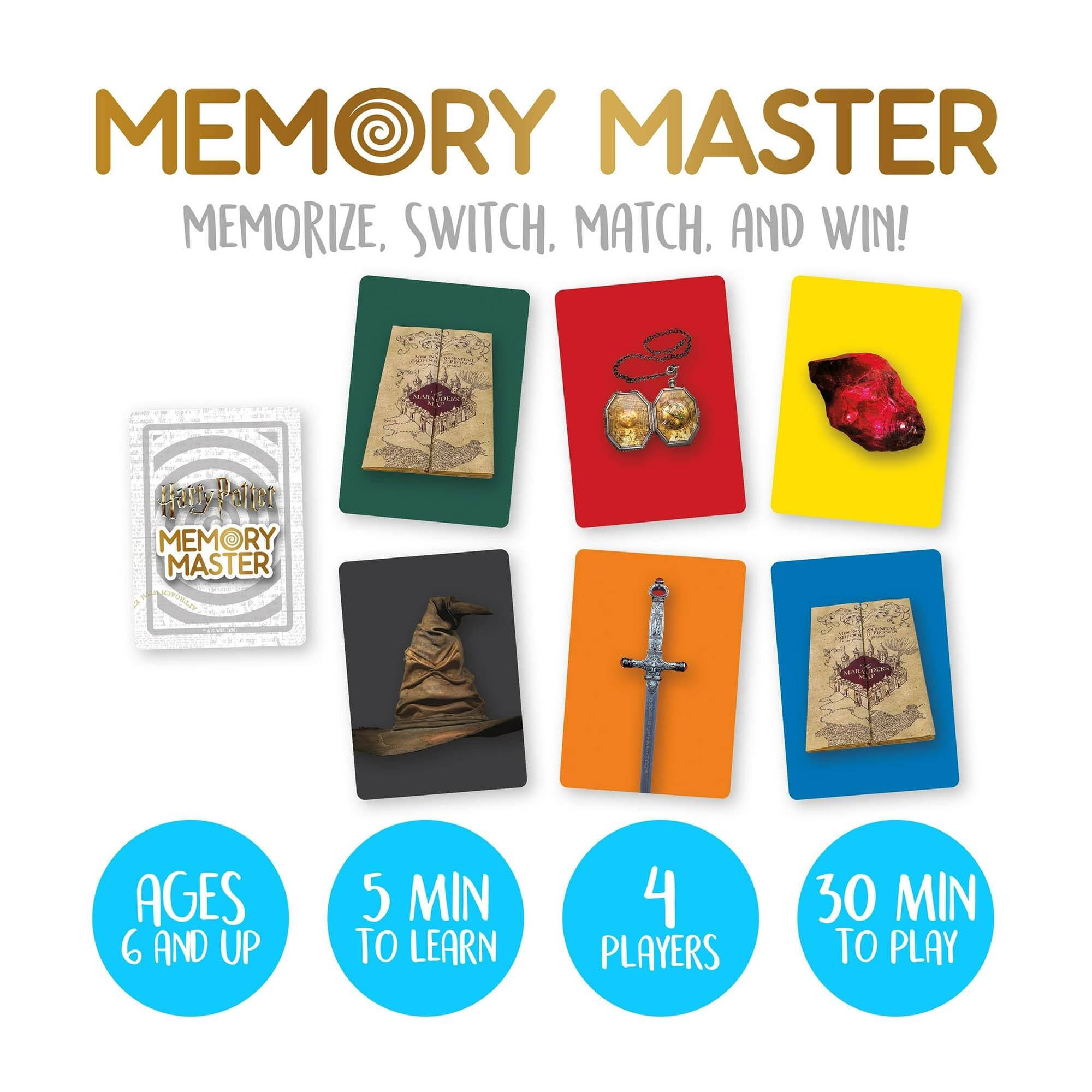 MEMORY MASTER  
MEMORIZE, SWITCH, MATCH, AND WIN!

AGES 6 AND UP  
5 MIN TO LEARN  
4 PLAYERS  
30 MIN TO PLAY
