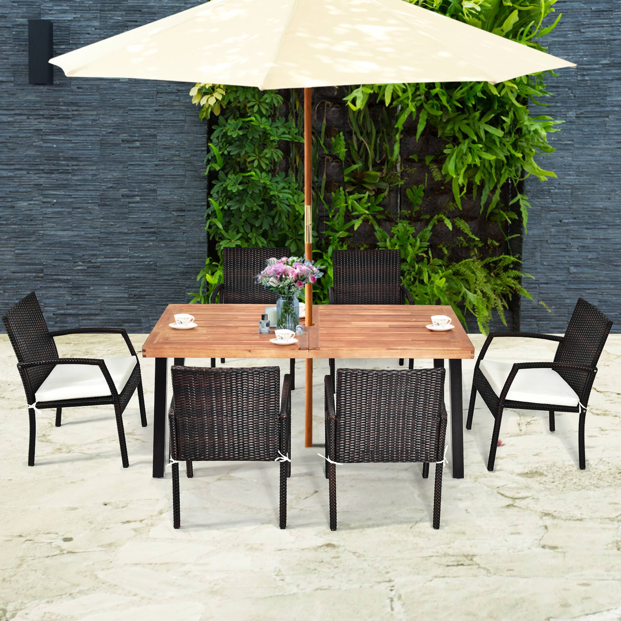 Alt View 2. Gymax - Gymax 7PCS Patio Rattan Dining Set Wooden Table Top Cushioned Chair Garden - Beige.