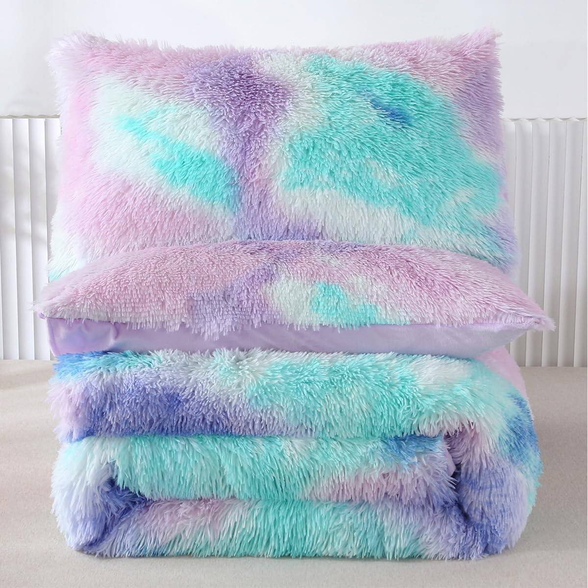 Alt View 4. Earthley Blooms - 3 Faux Comforter Set Queen Fluffy Shaggy Tie Dye Bedding For Colorful Ultra Soft Plush Furry Quilt Set Queen - Pink Rainbow-Queen-3Pcs.