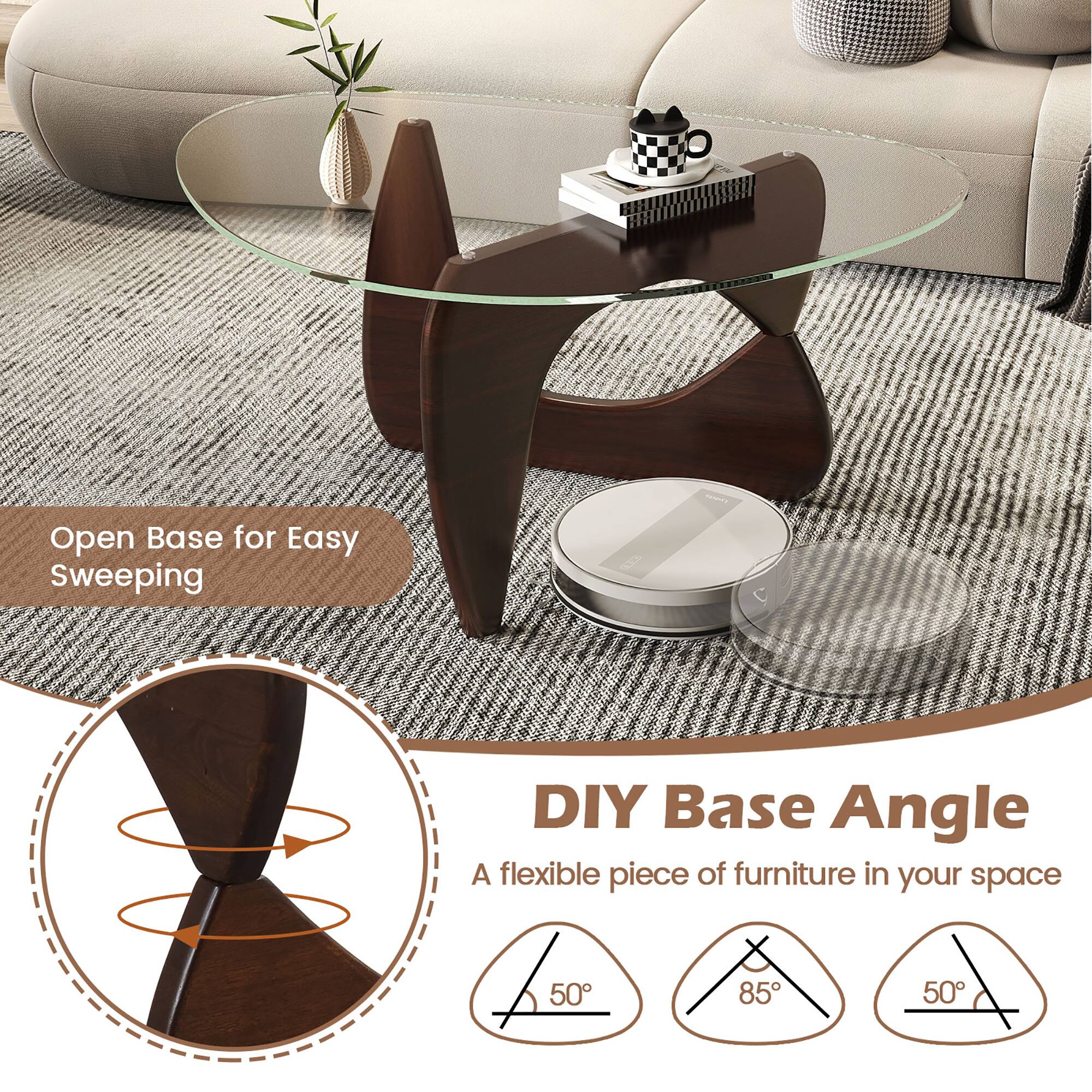 Open Base for Easy Sweeping

DIY Base Angle  
A flexible piece of furniture in your space  
50°  
85°  
50°