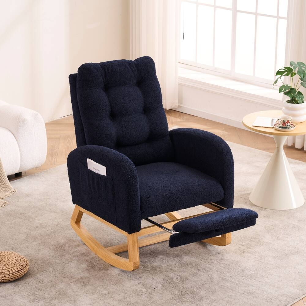 Angle. Loheer - Loheer Deep Navy Blue High-Back Rocking Chair with Footrest Storage Pocket Rubber Wood Base Nursery Rocker - Navy Blue.